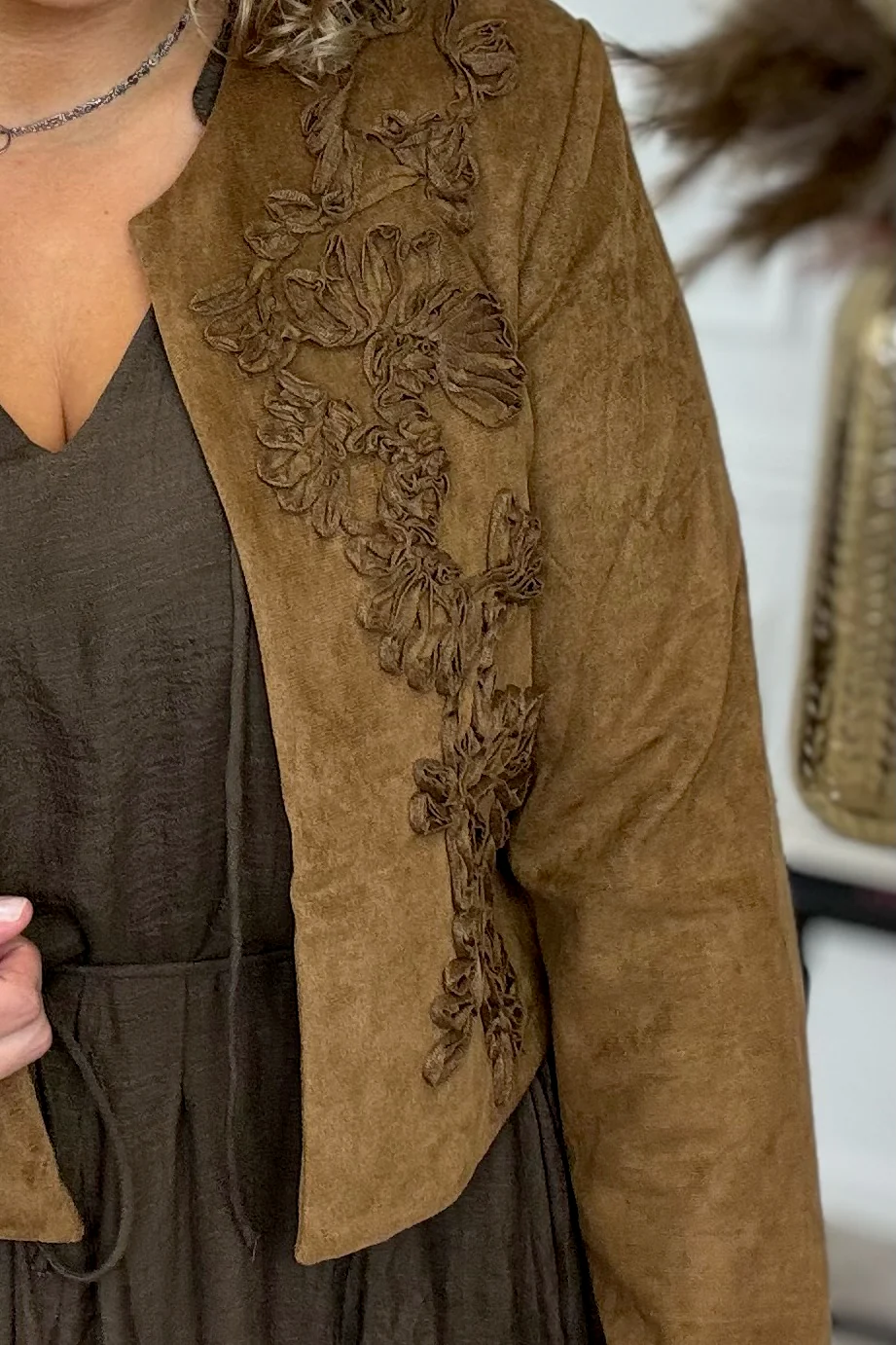 Embroidered Suede Jacket - Brown - Image 7