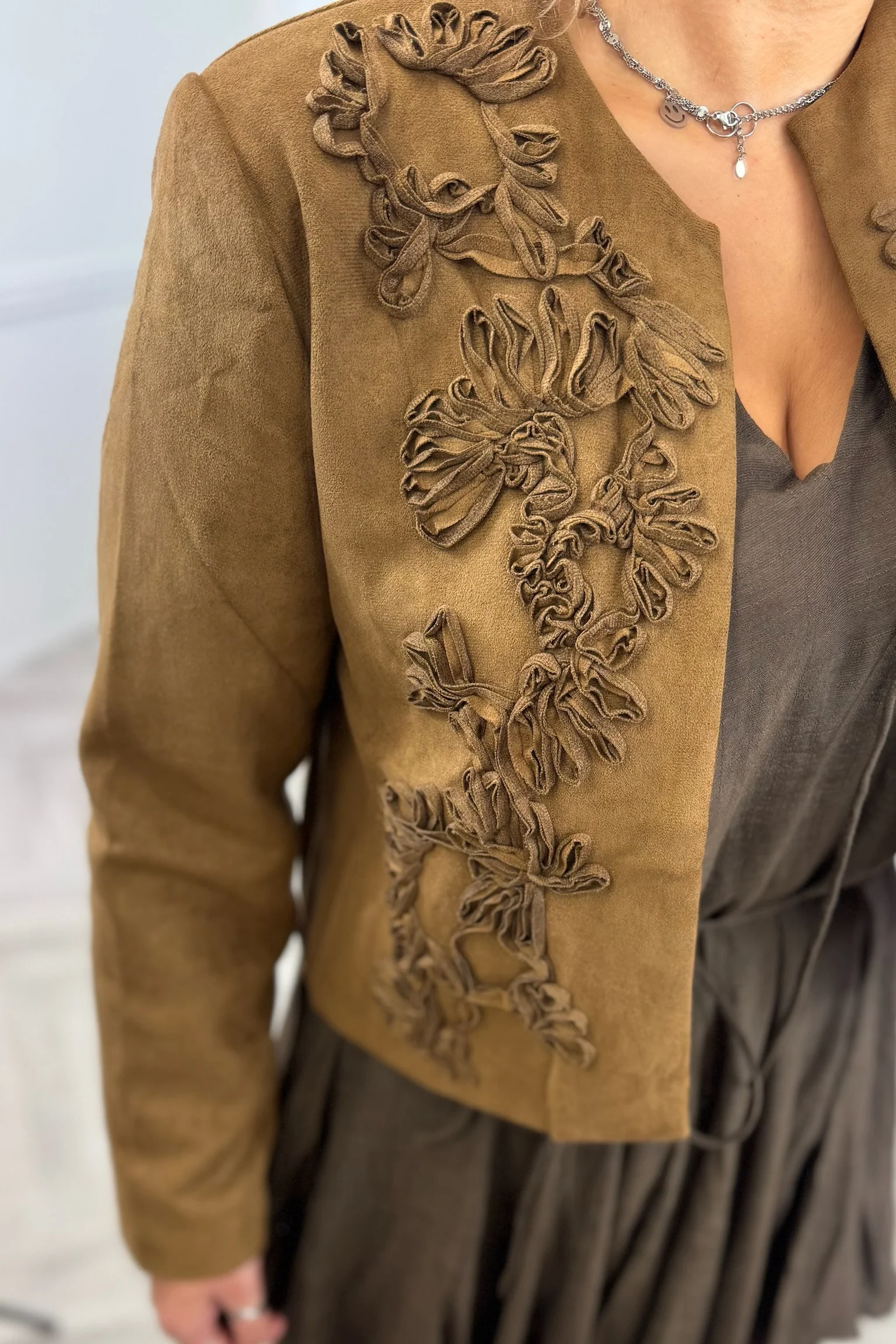 Embroidered Suede Jacket - Brown - Image 8