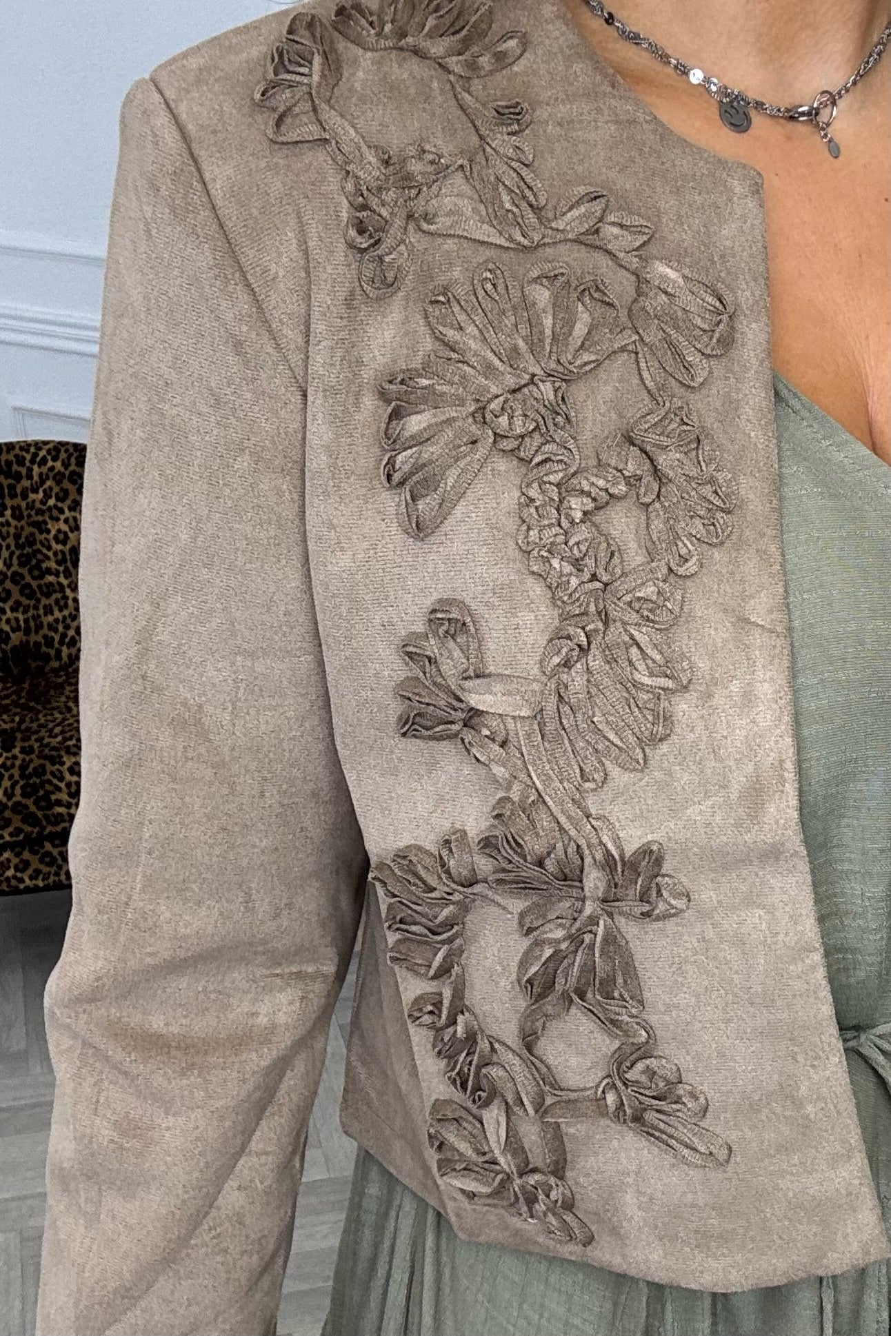 Embroidered Suede Jacket - Taupe - Image 5