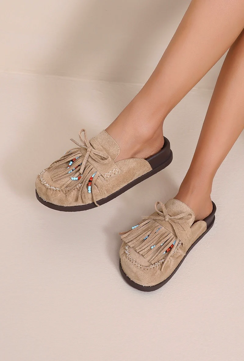 Emma Fringe Loafers - Beige