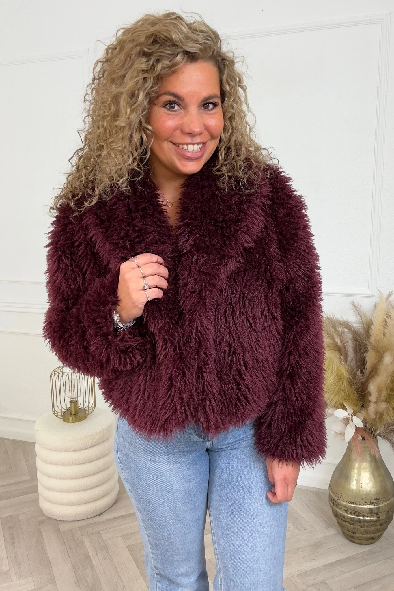 Eva Fake Fur Coat - Wine Red - Image 3