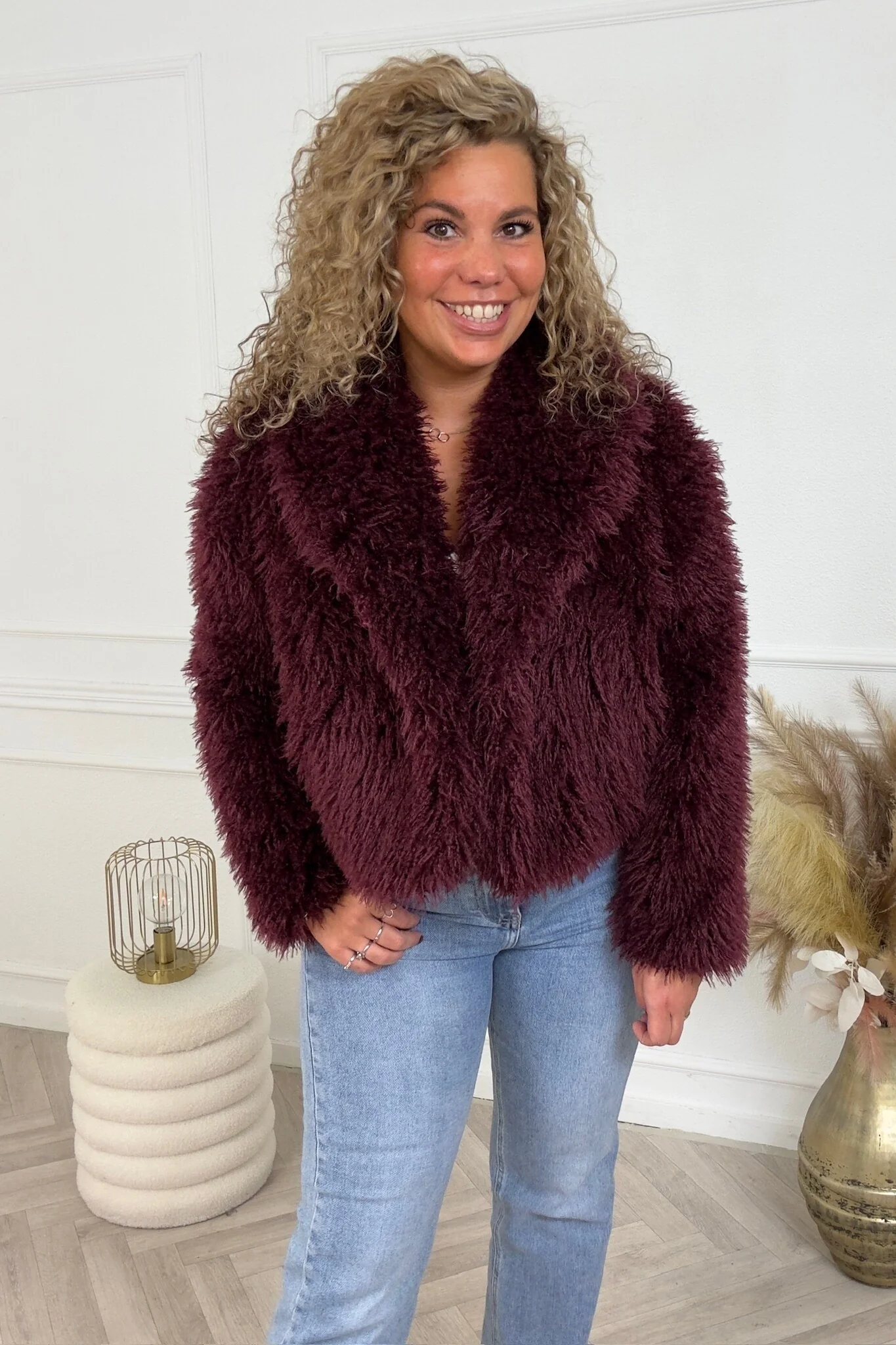 Eva Fake Fur Coat - Wine Red - Image 4