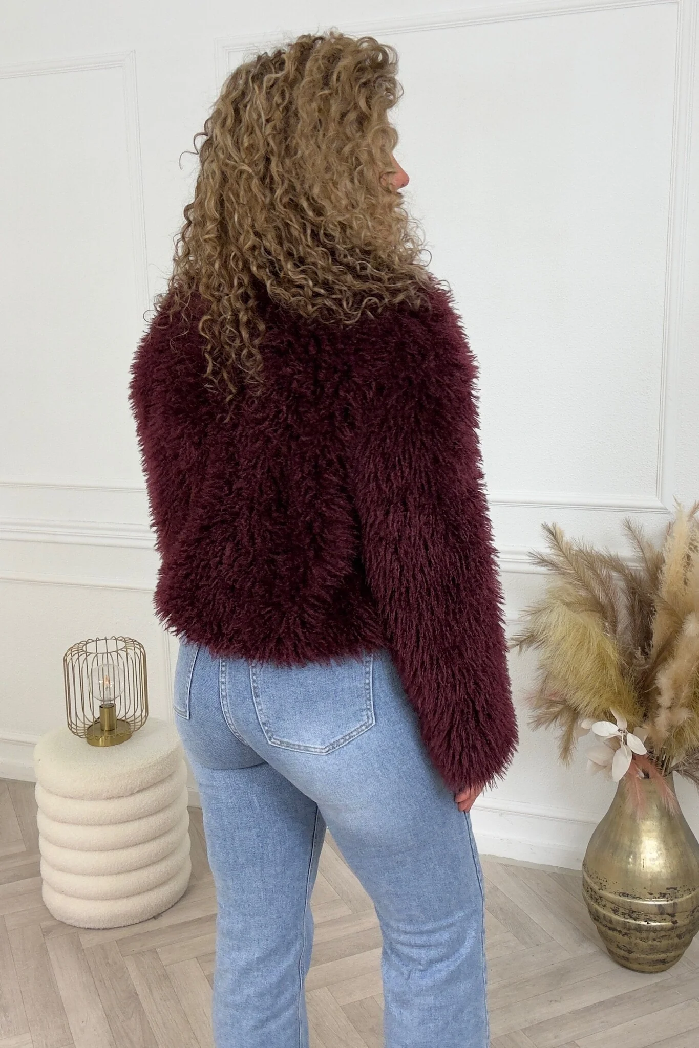Eva Fake Fur Coat - Wine Red - Image 5