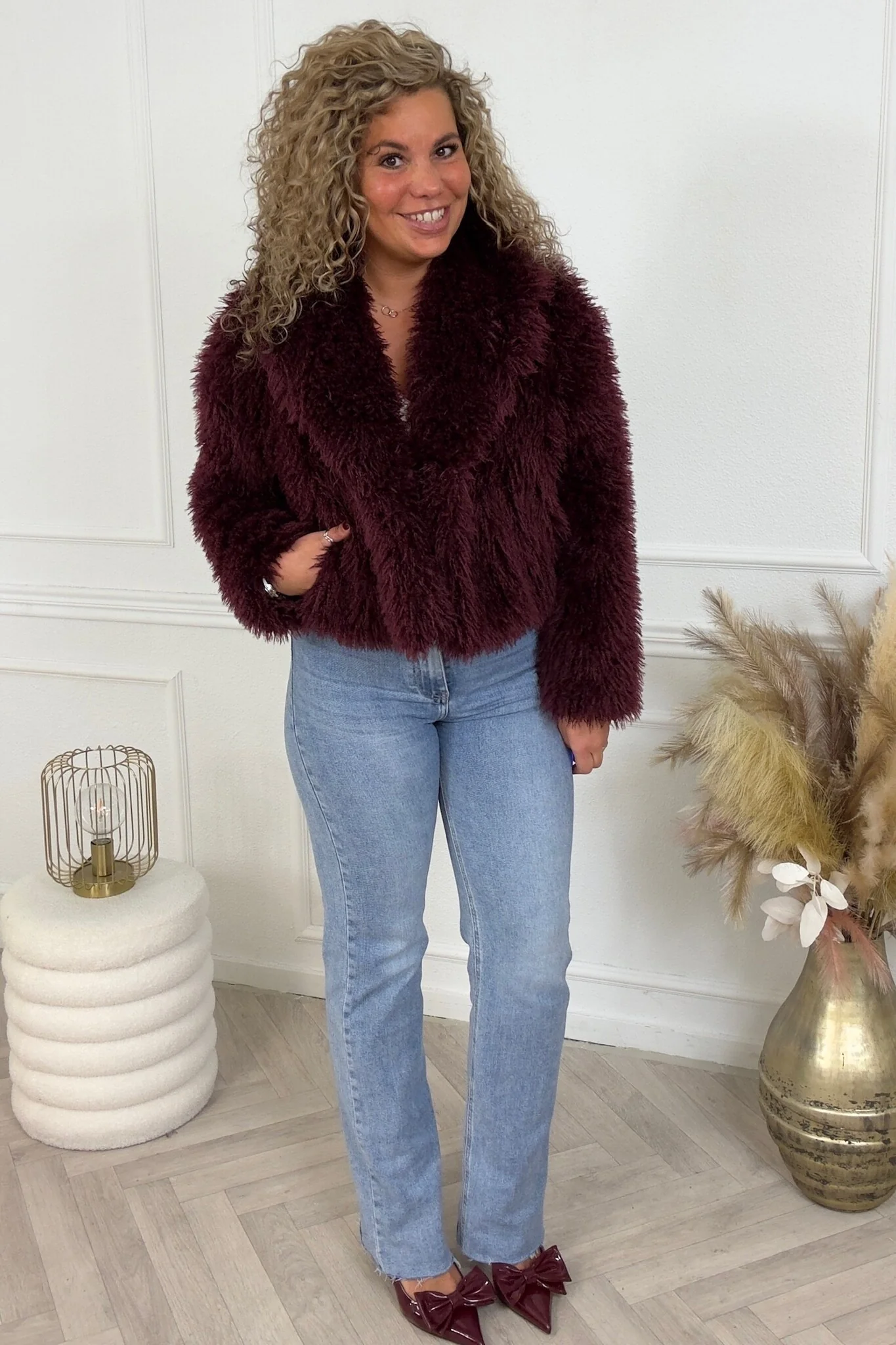 Eva Fake Fur Coat - Wine Red - Image 7