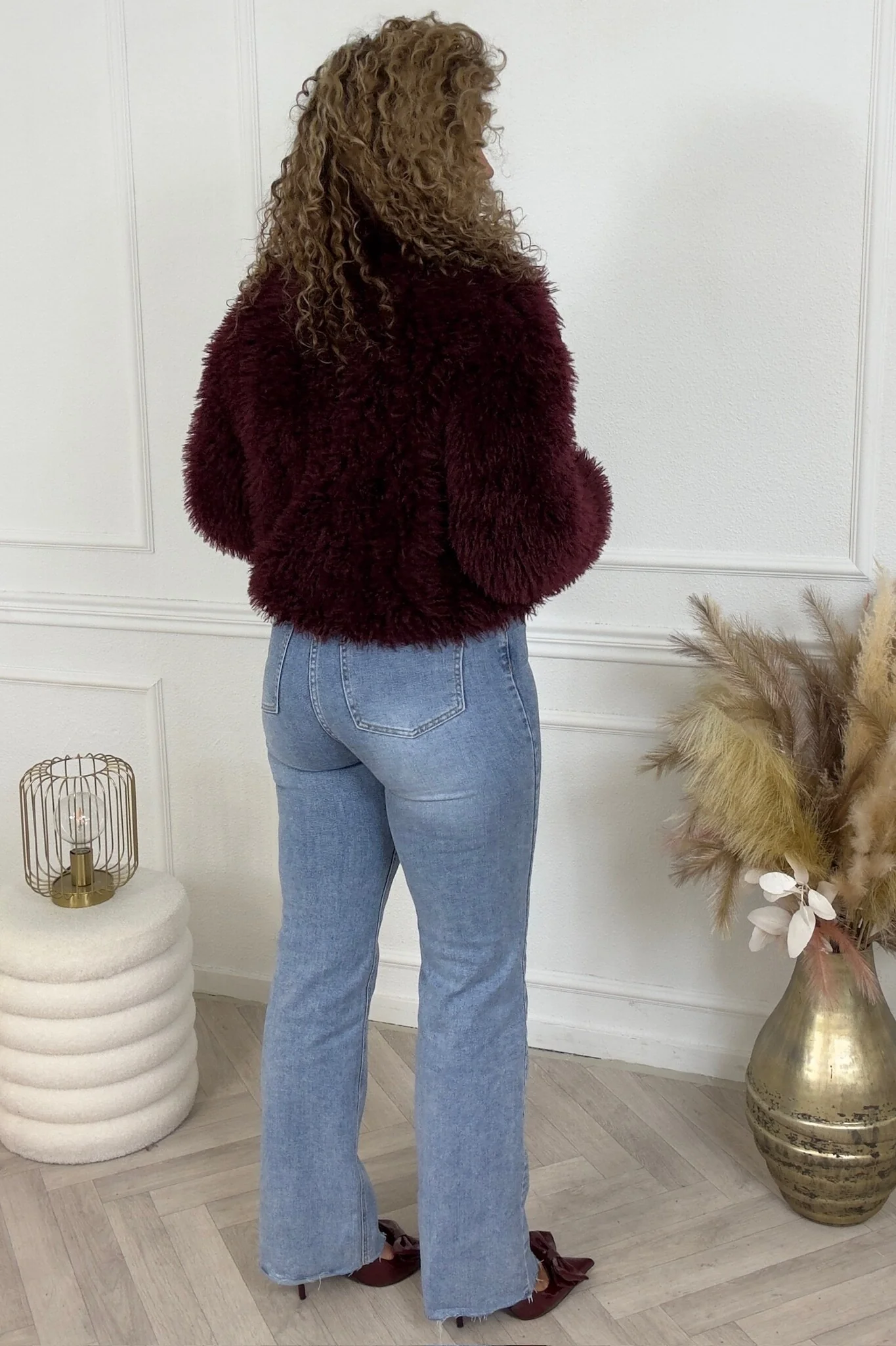 Eva Fake Fur Coat - Wine Red - Image 8