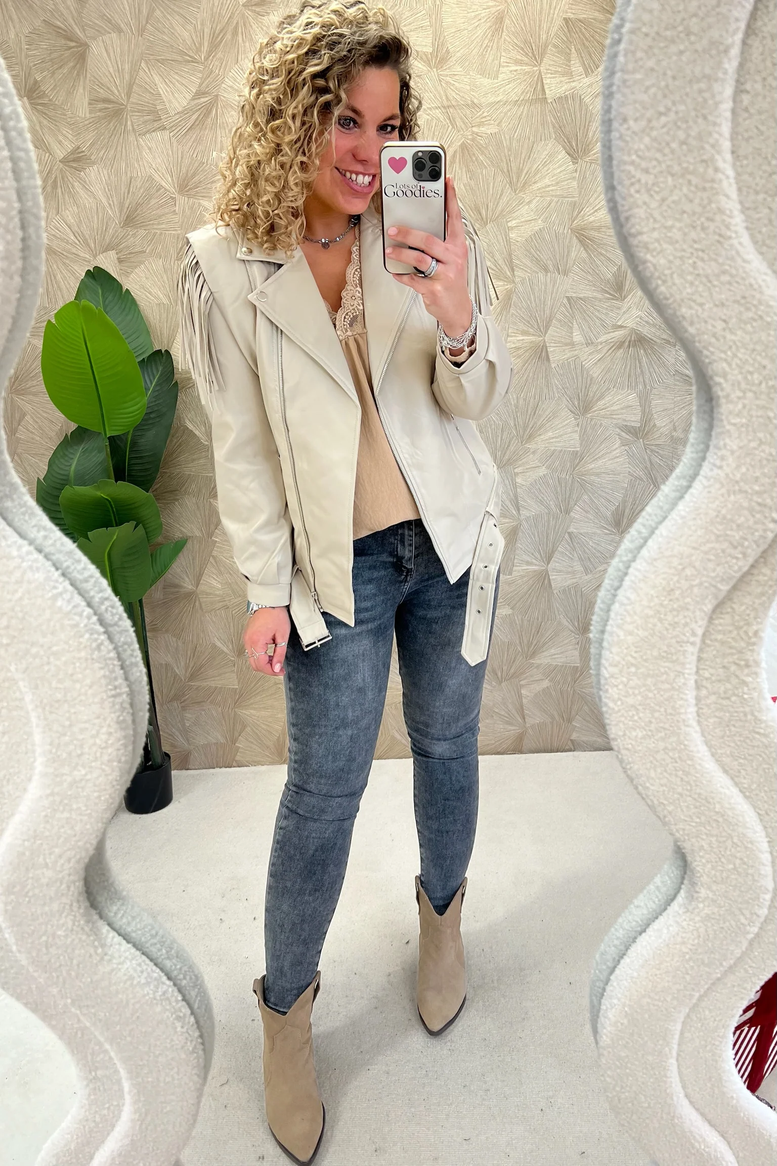Fake Leather Fringe Jacket - Beige