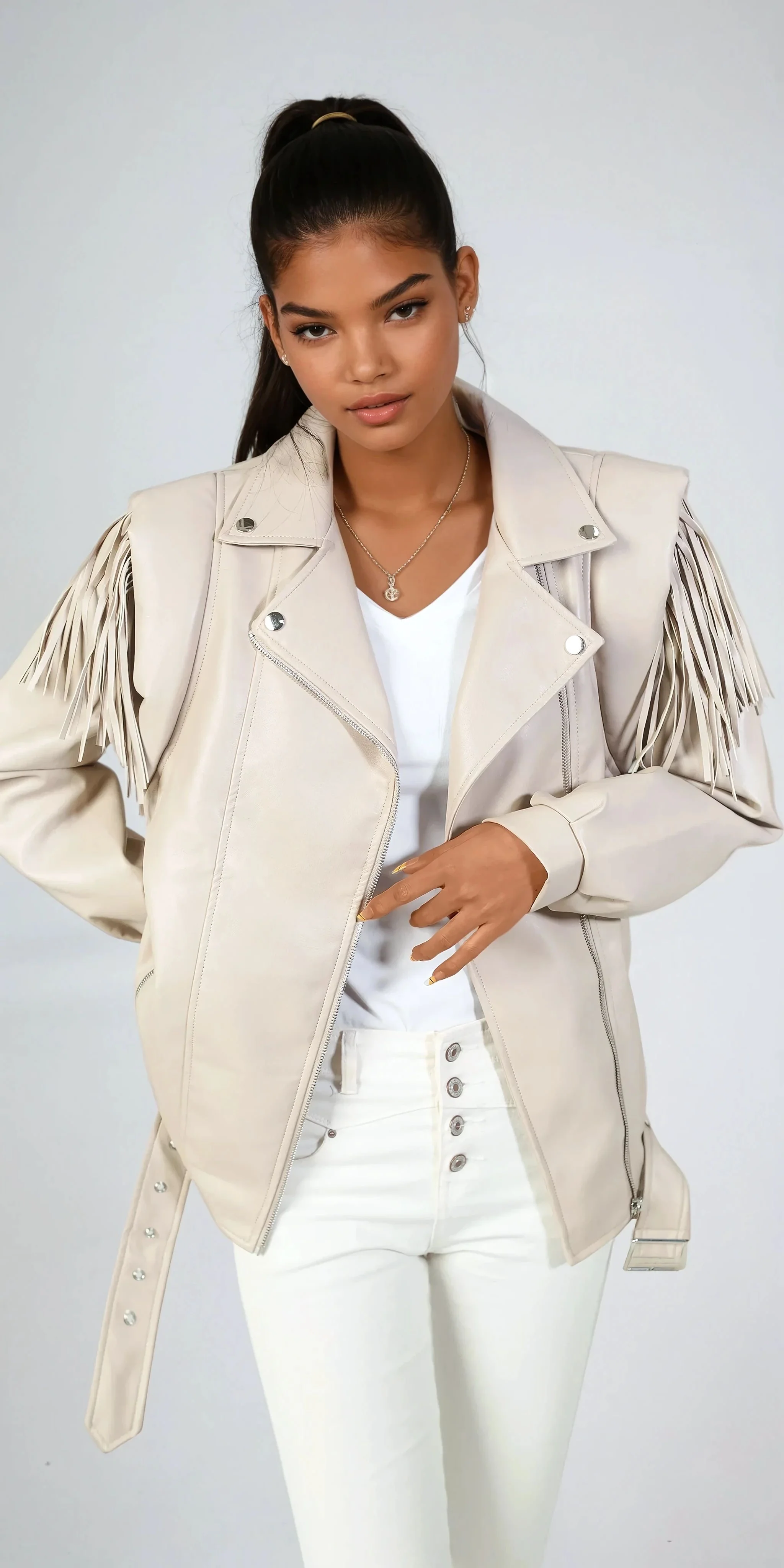 Fake Leather Fringe Jacket - Beige - Image 2