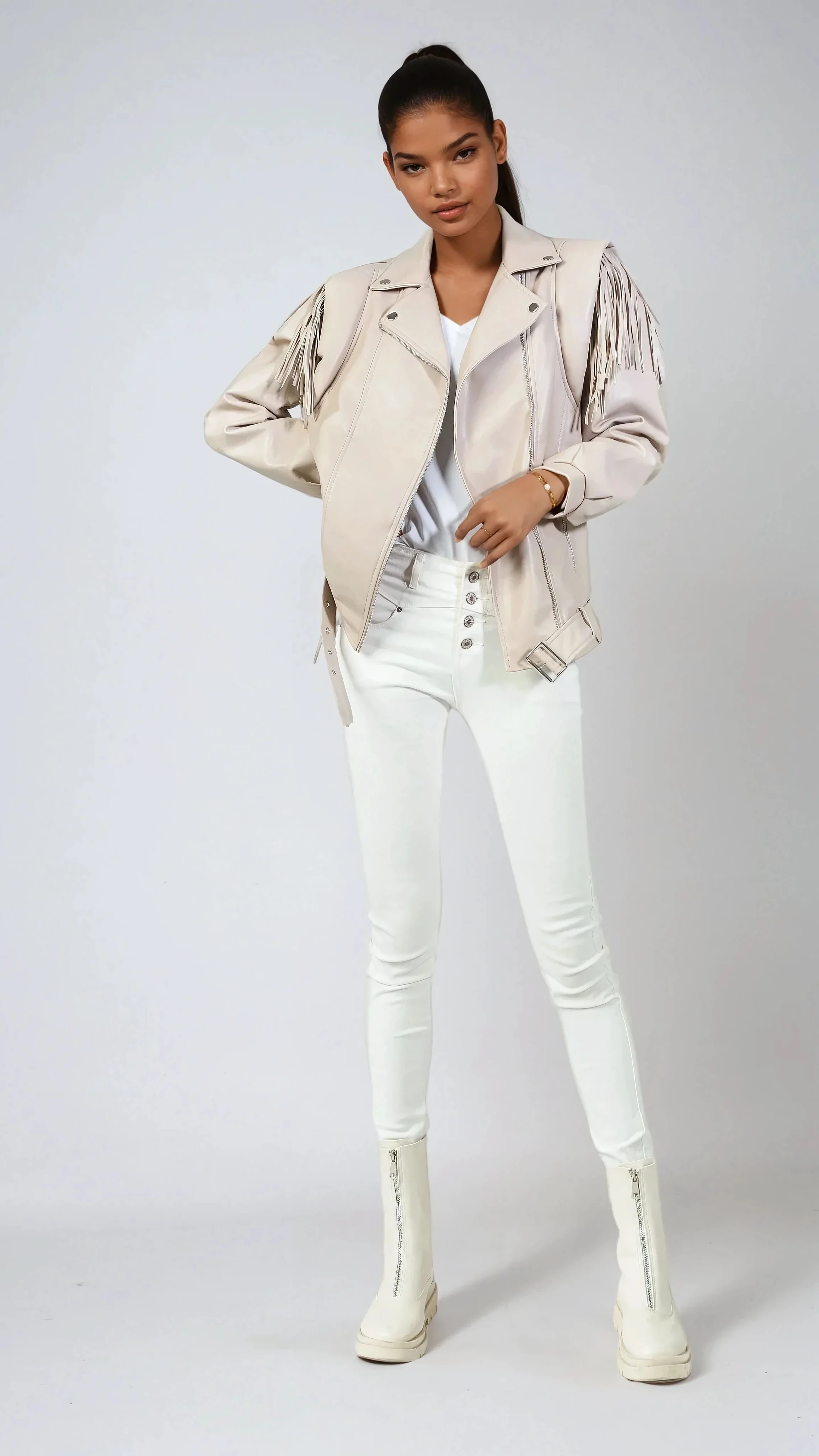 Fake Leather Fringe Jacket - Beige - Image 4