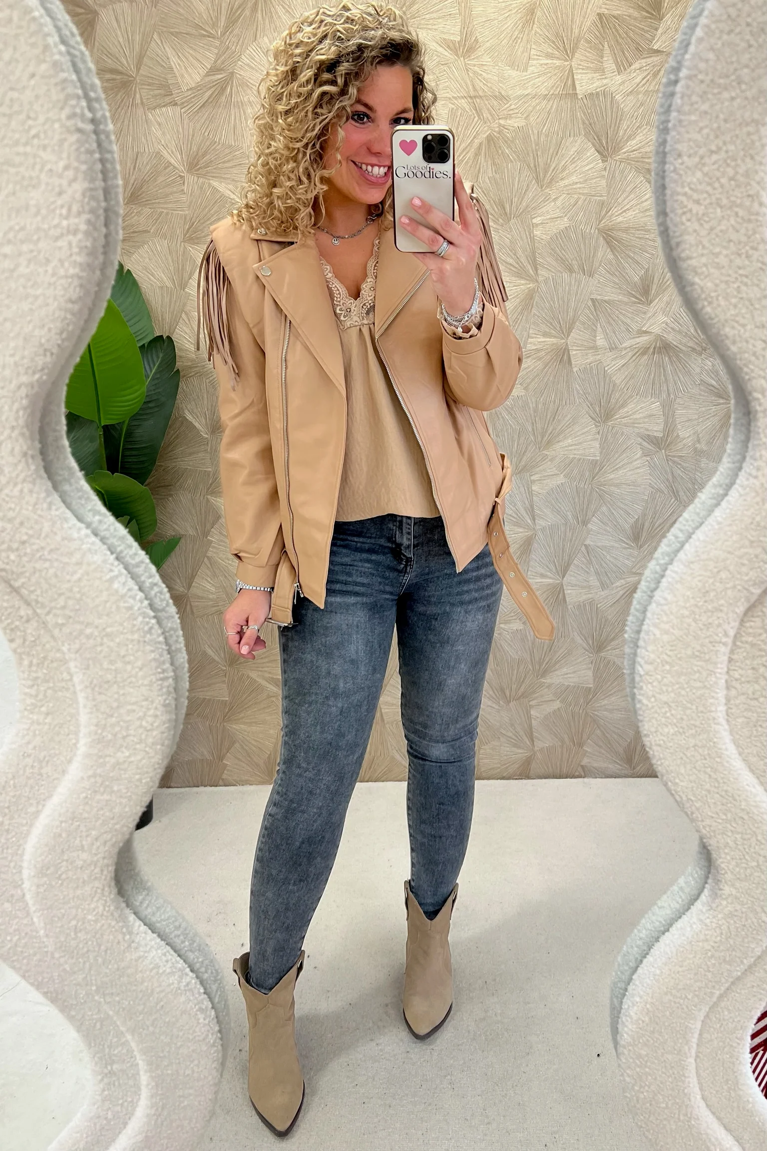Fake Leather Fringe Jacket - Camel