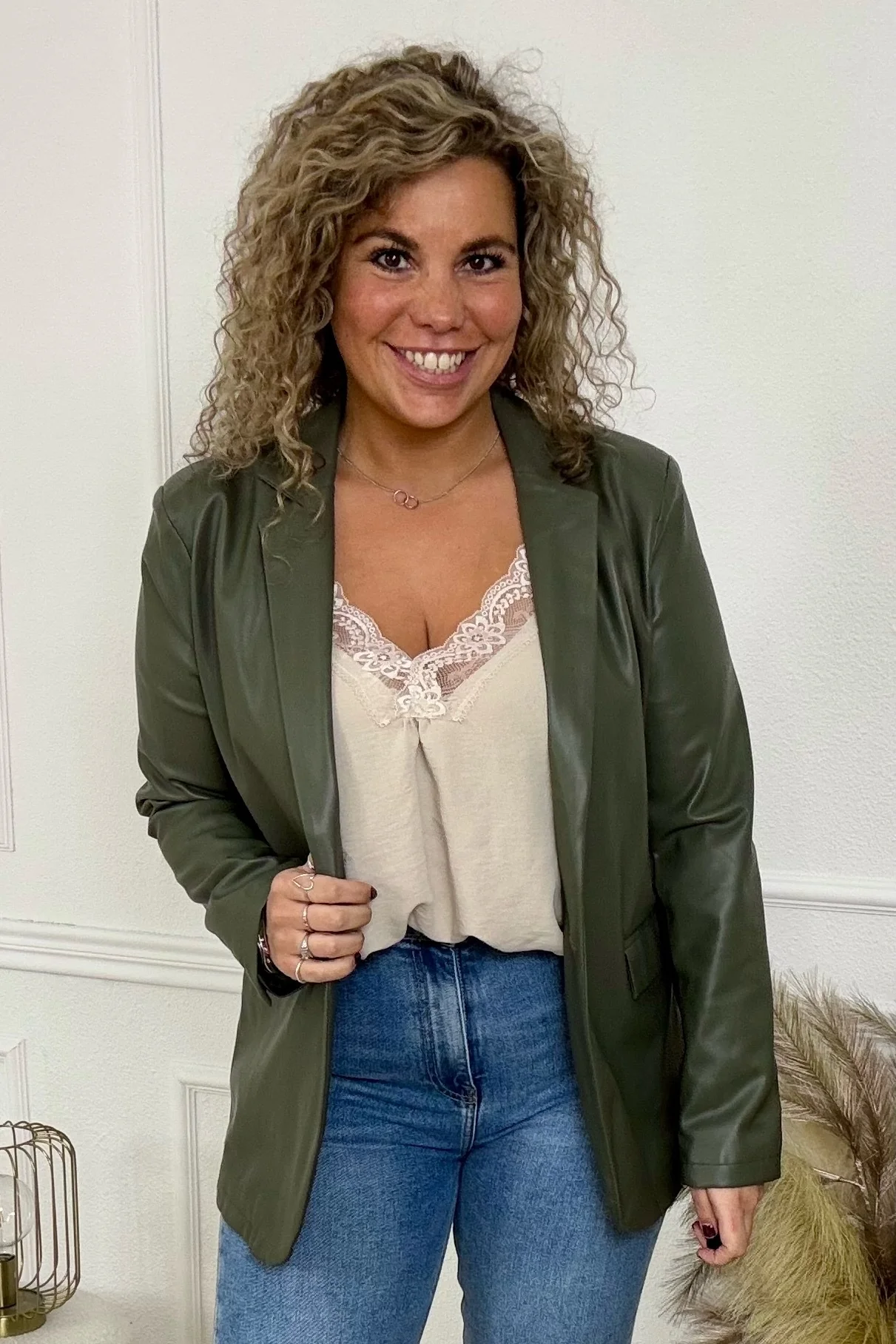 Faux Leather Blazer - Armygreen