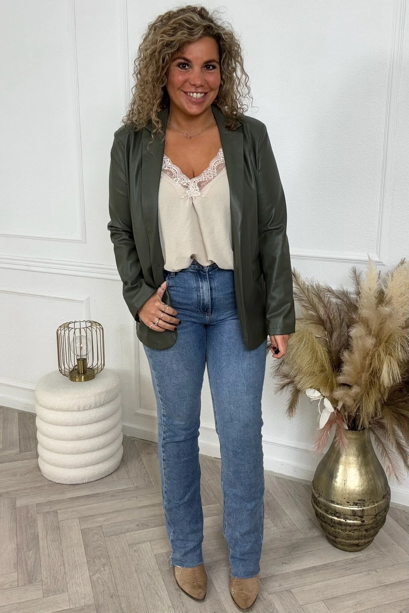 Faux Leather Blazer - Armygreen - Image 2