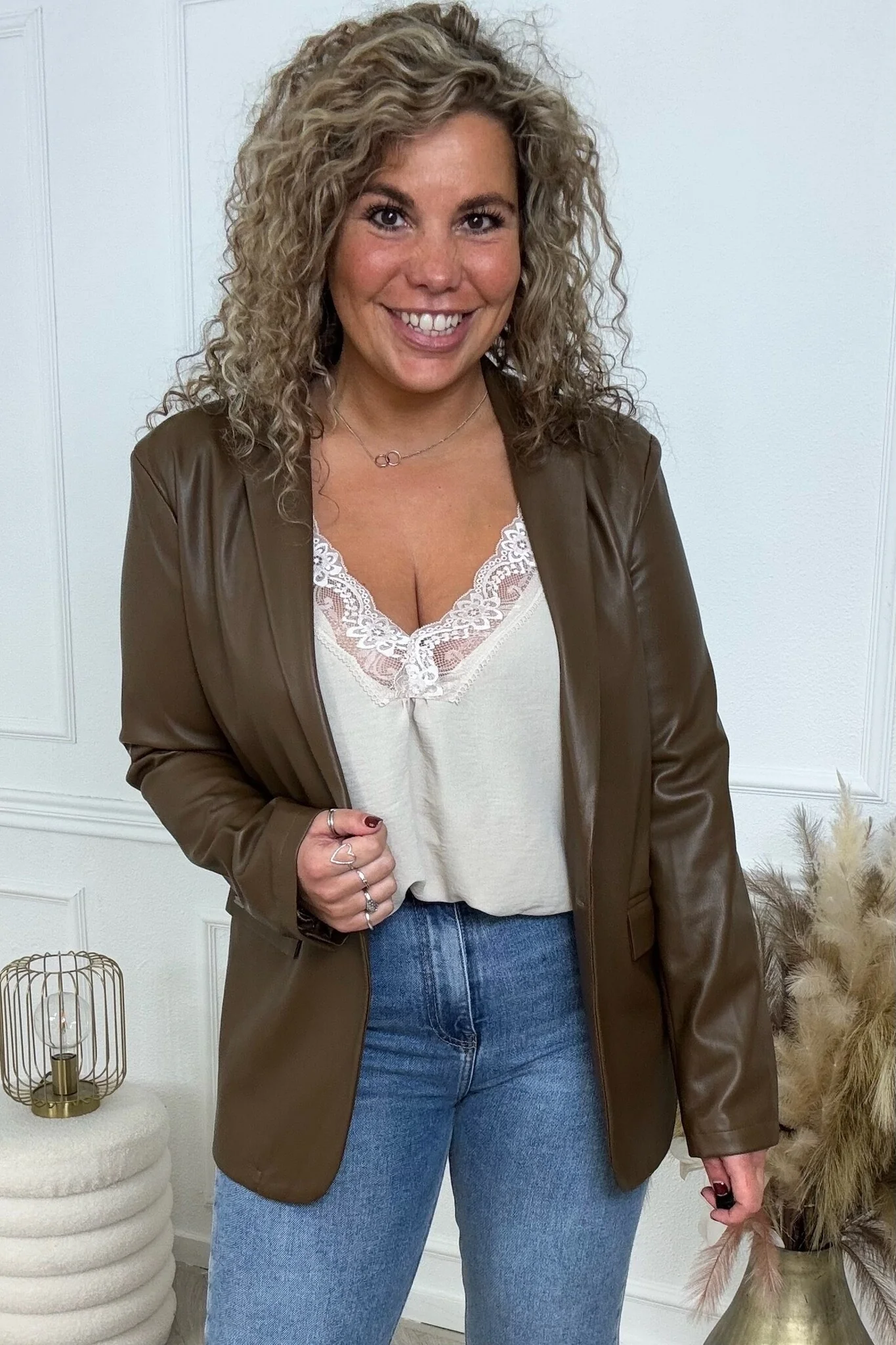 Faux Leather Blazer - Coffee - Image 4