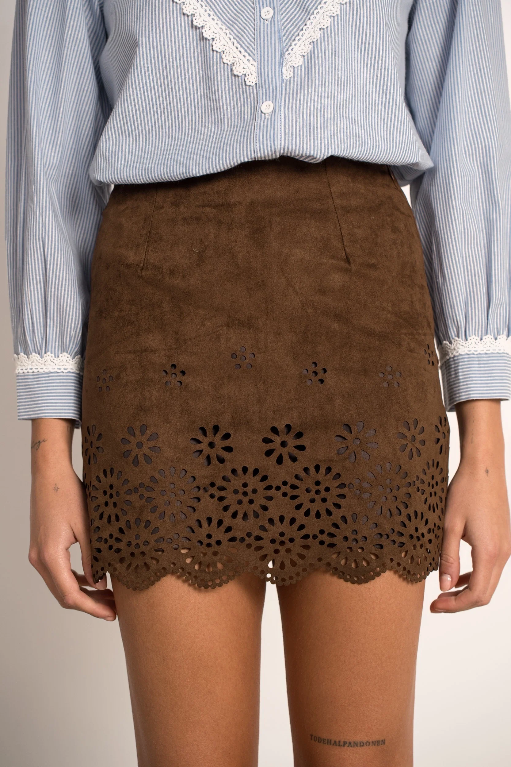 Faux Suede Flower Skirt - Brown