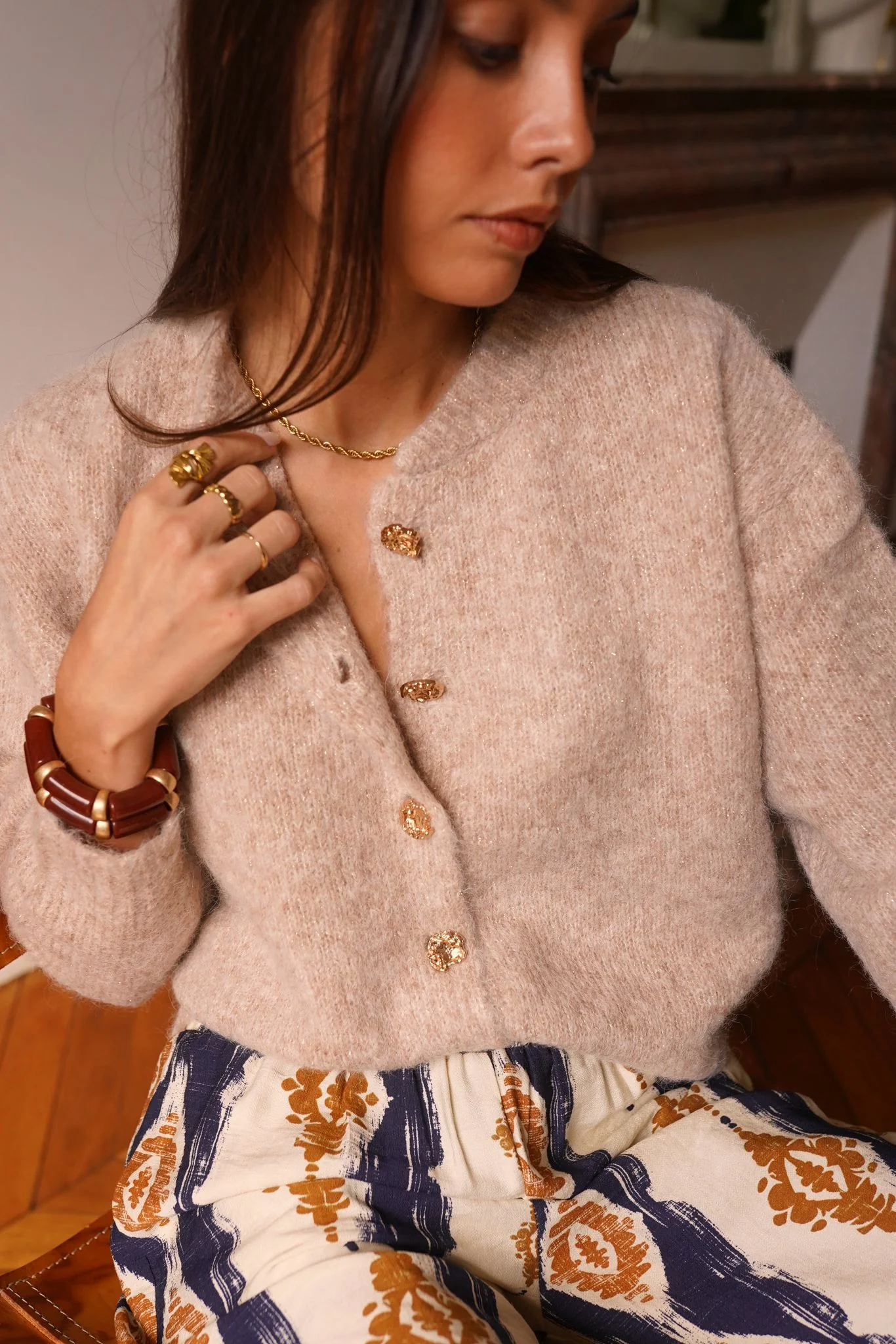 Fienna Gold Button Cardigan - Kaki