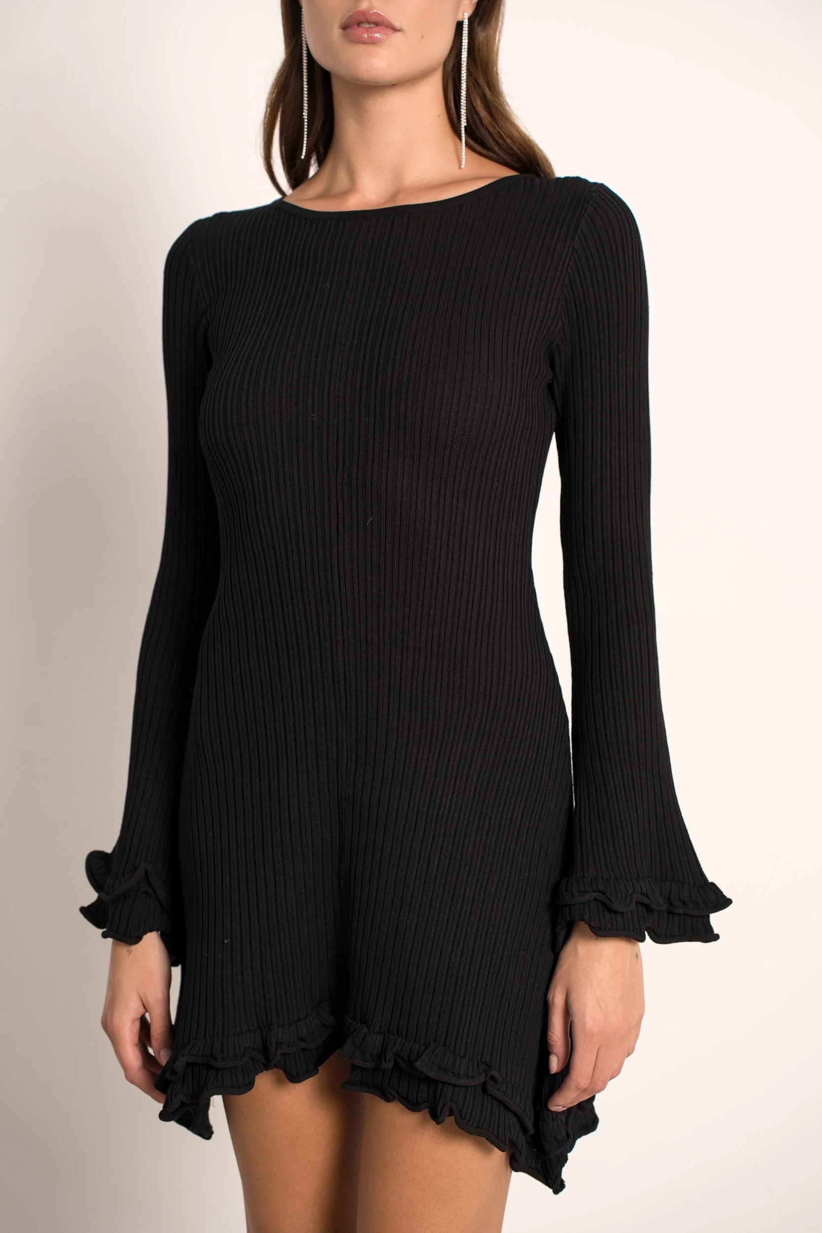 Flaired Sleeve Rib Dress - Black - Image 4