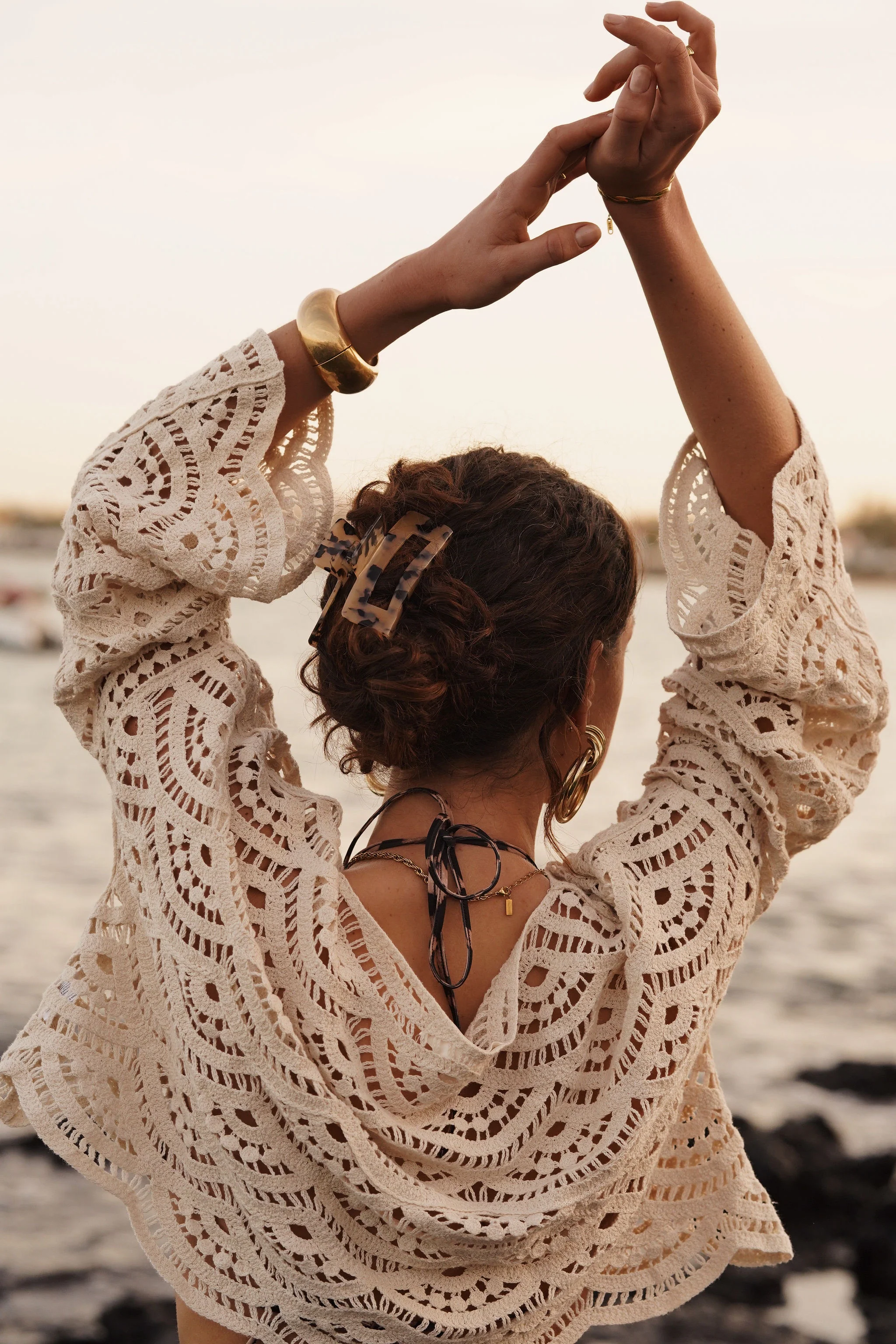 Flared Sleeve Crochet Top - White - Image 2
