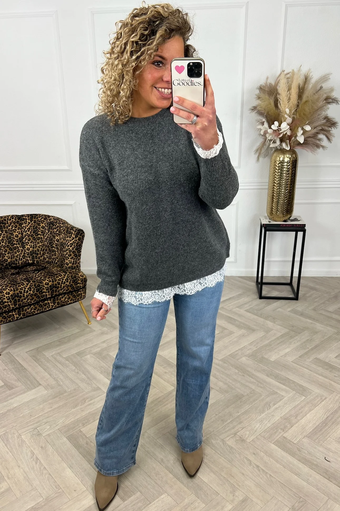 Fleur Split Lace Sweater - Grey