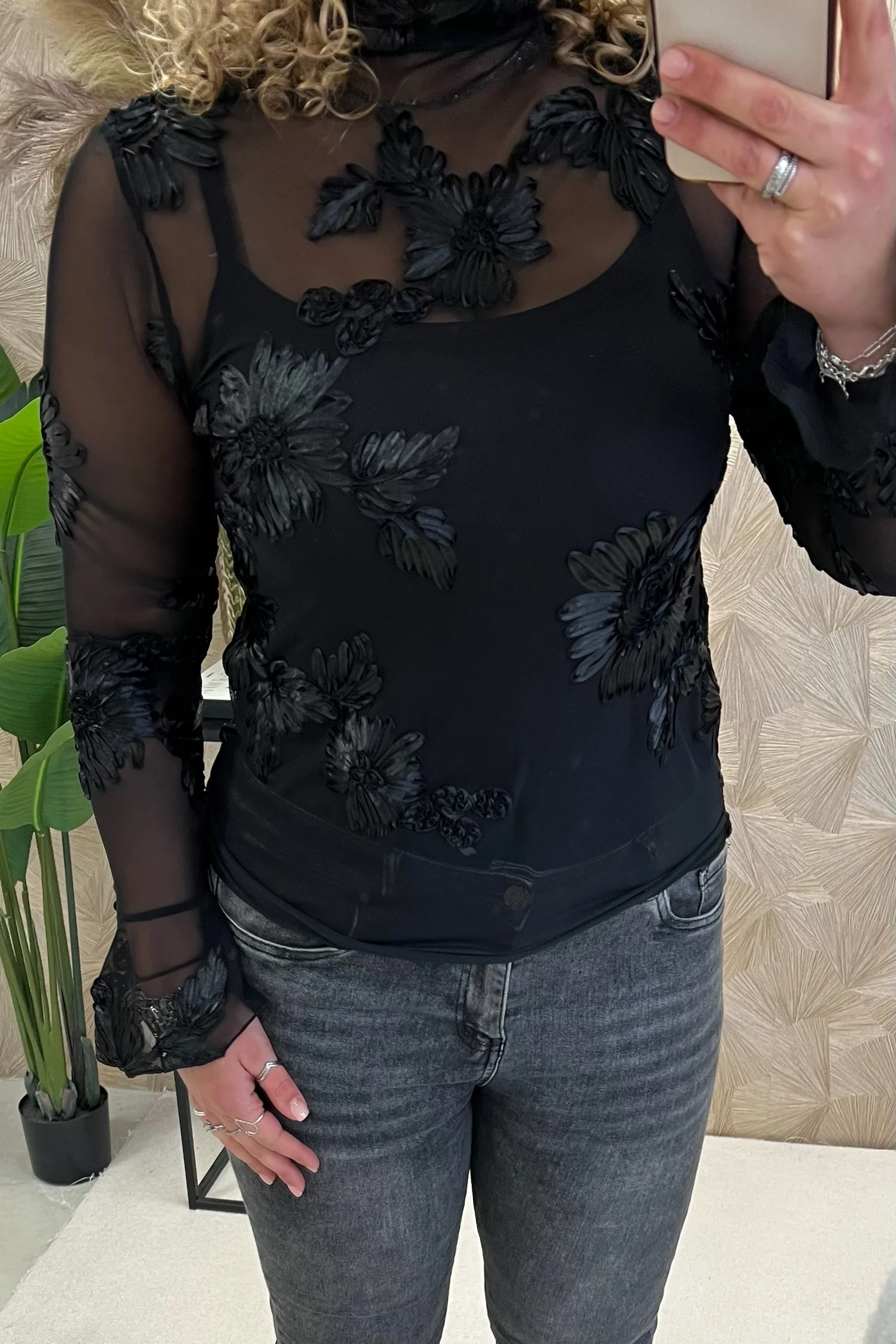 Floral Embroidery Coll Top - Black/Black - Image 2