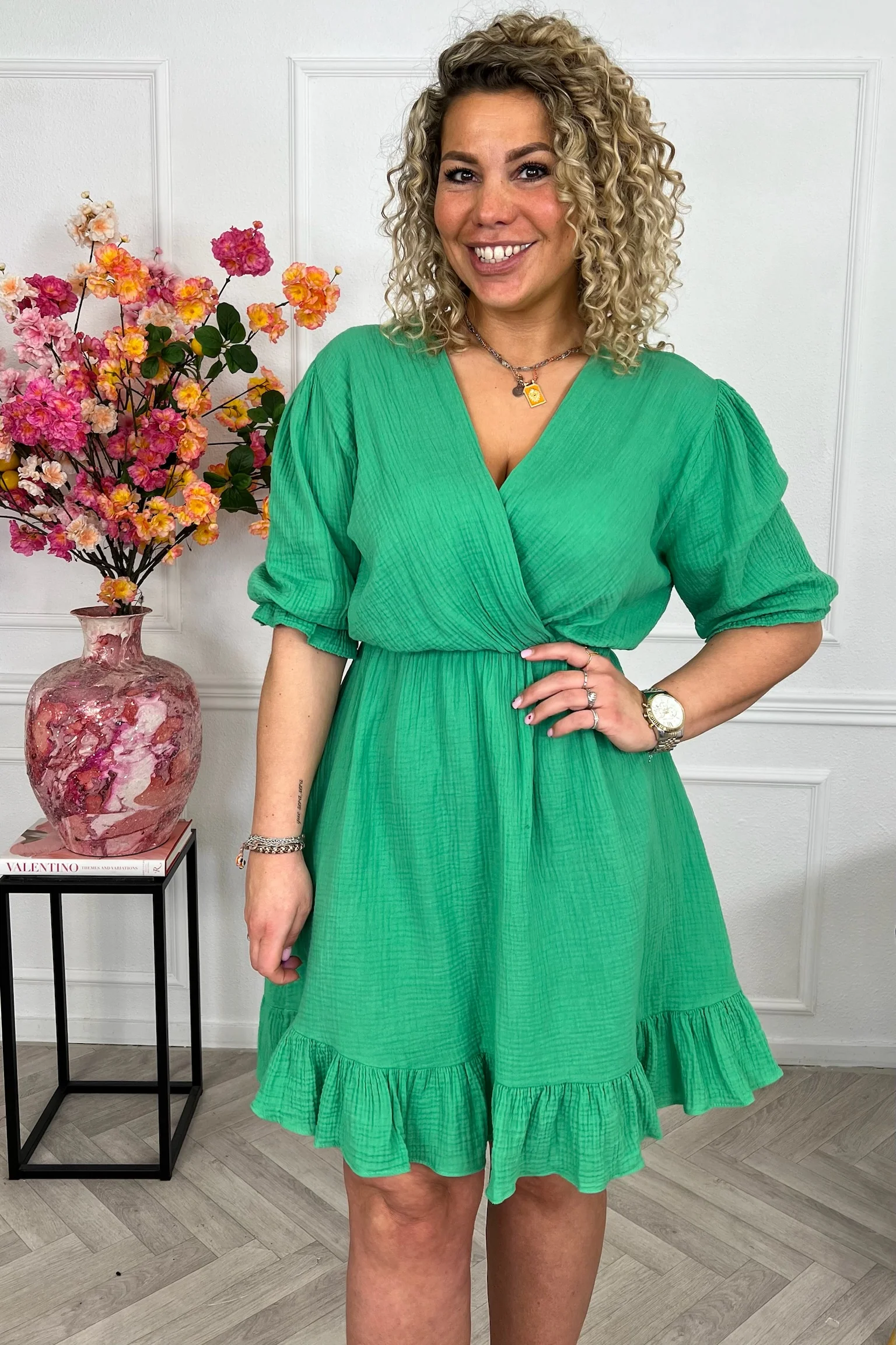 Florence Mousseline Short Dress - Green - Image 3
