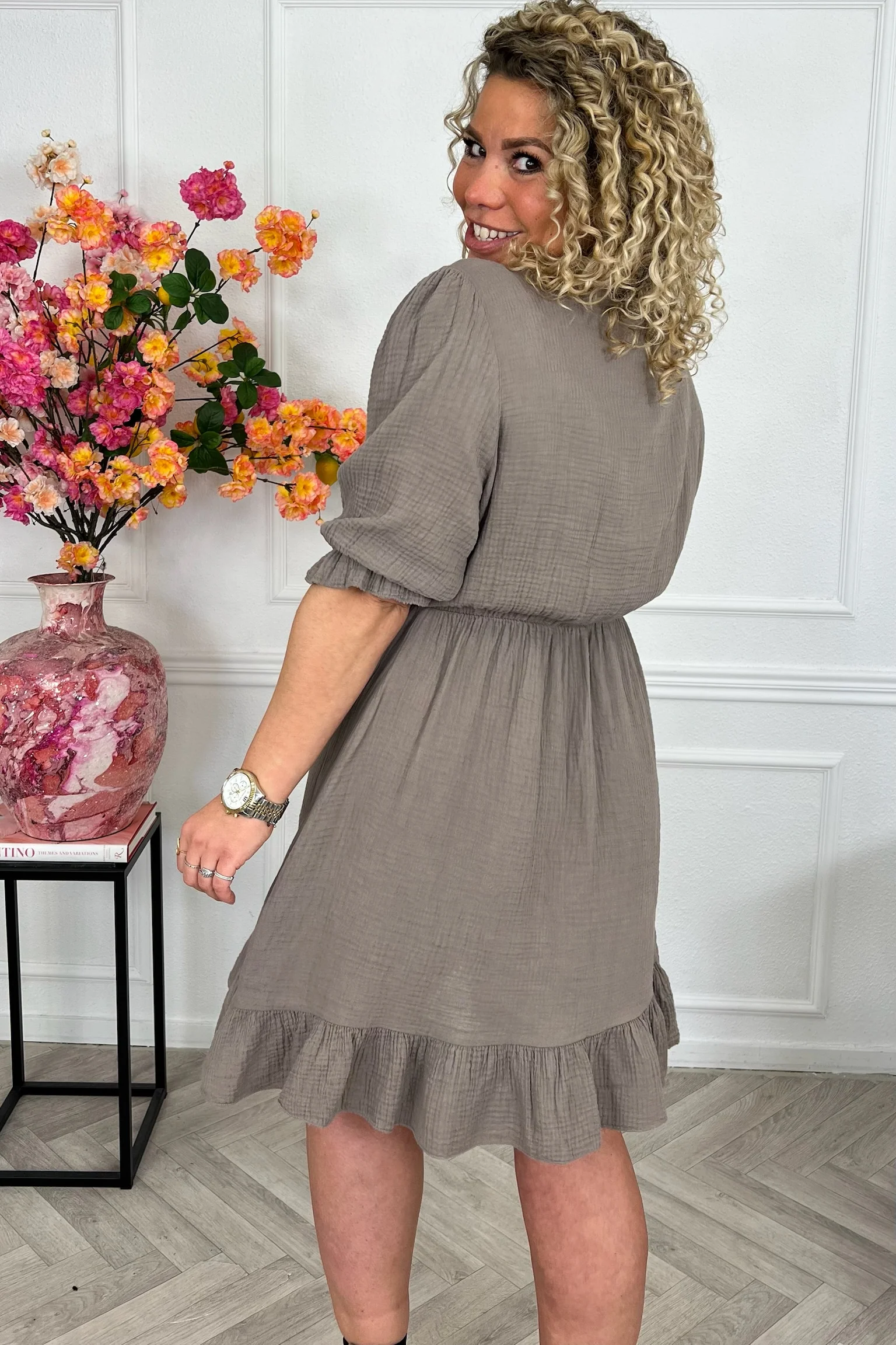 Florence Mousseline Short Dress - Taupe - Image 6