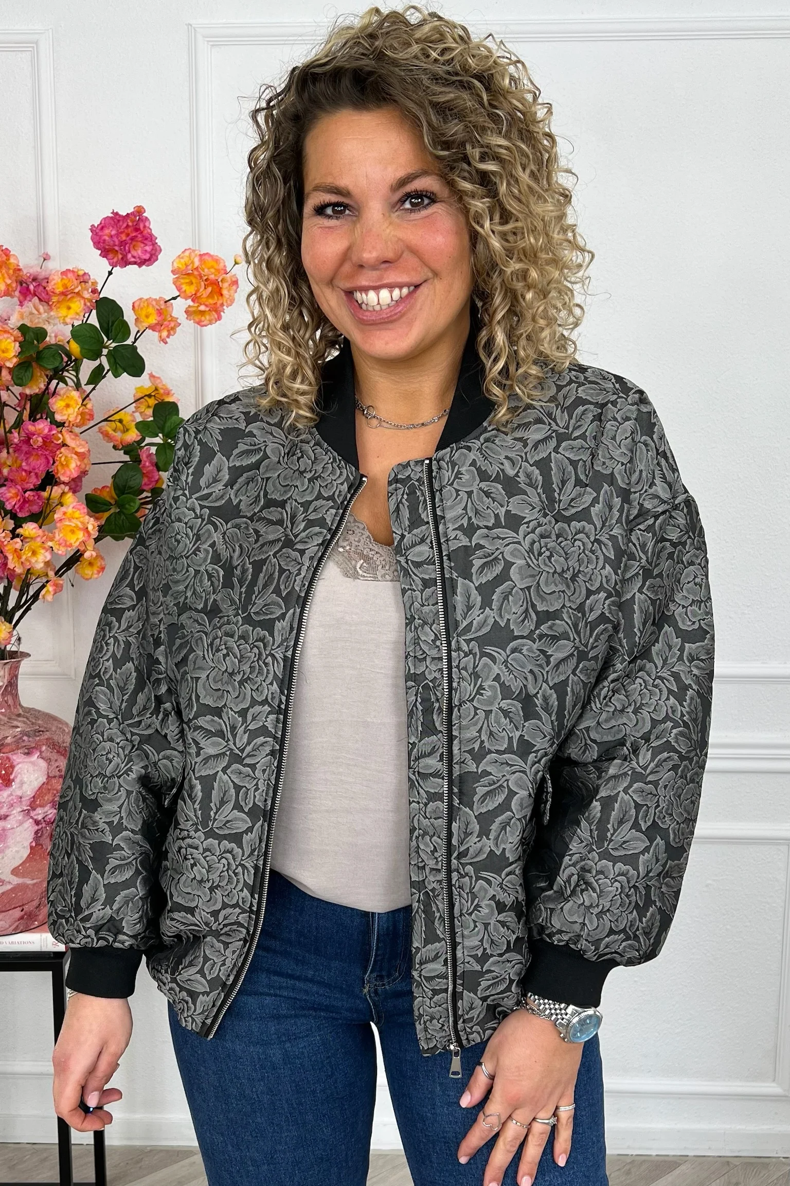 Flower Bomber Jacket - Grey