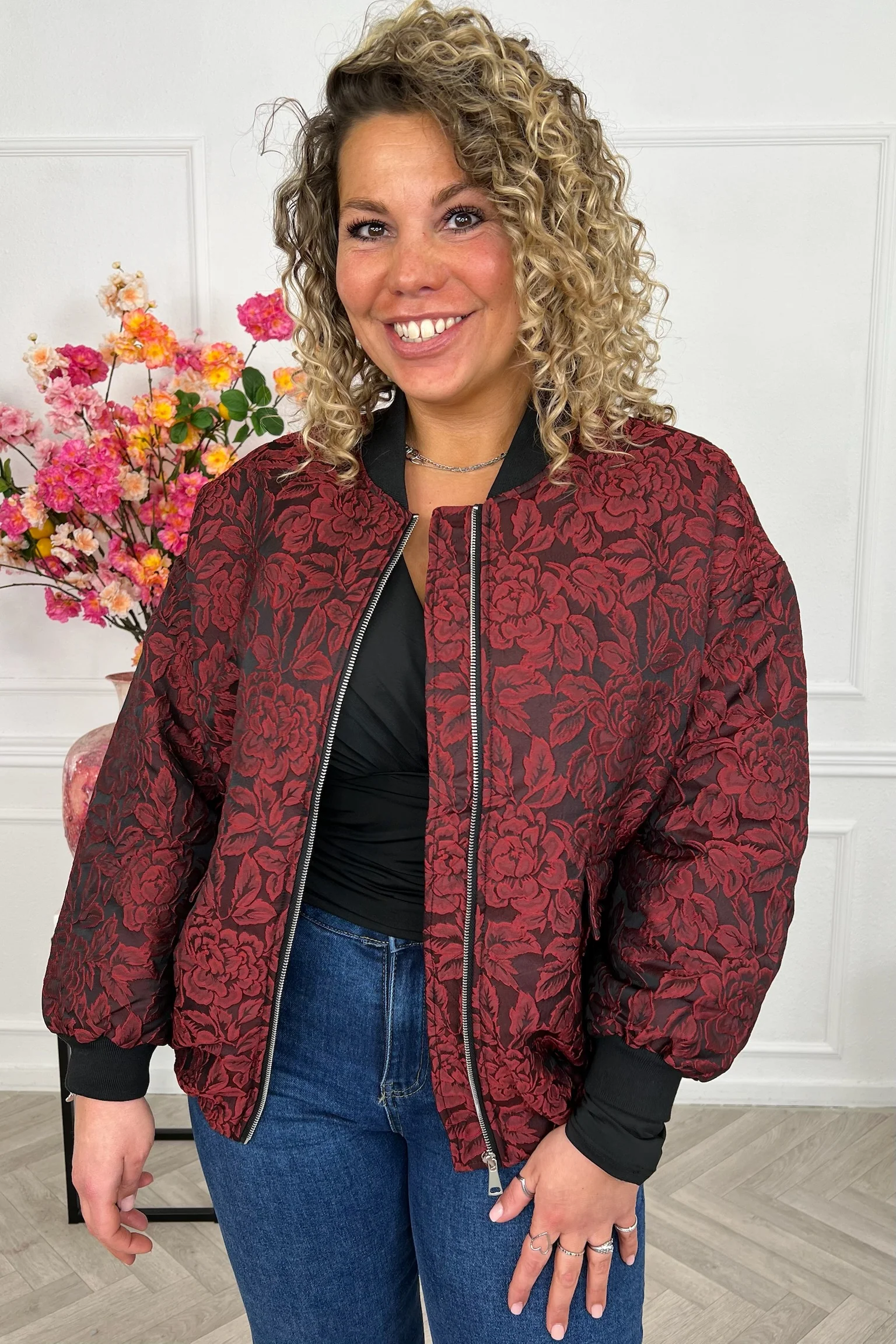 Flower Bomber Jacket - Red