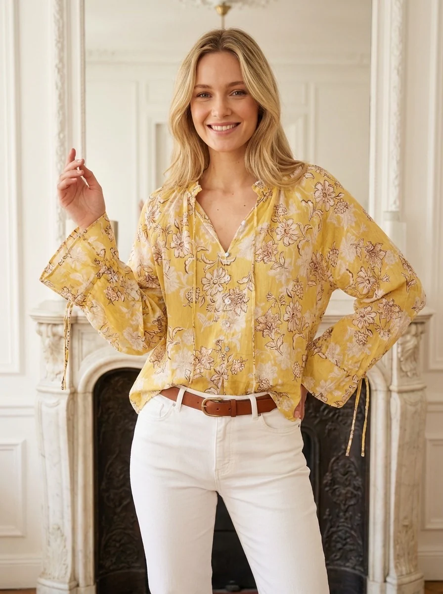 Flower Button Blouse - Yellow