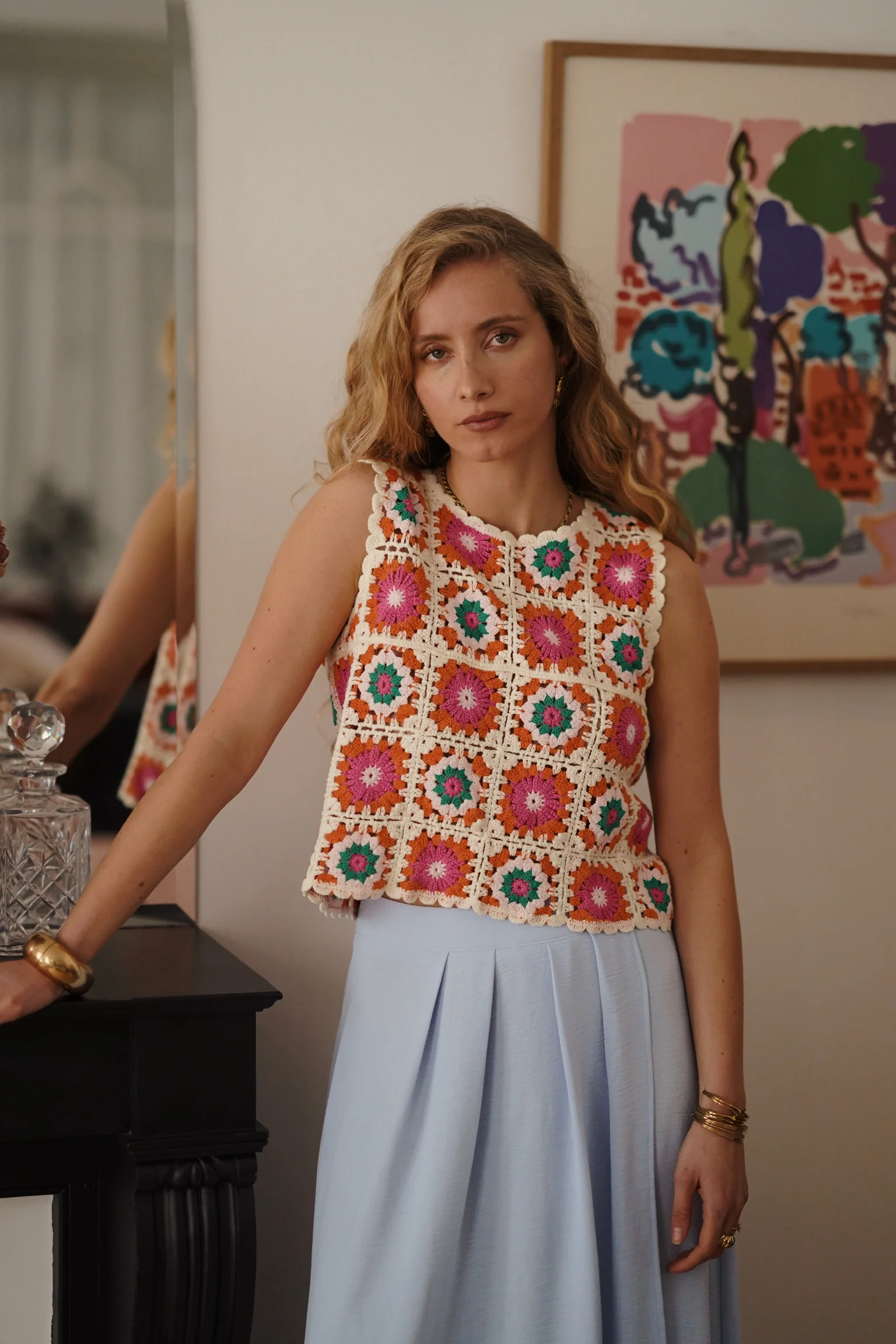 Flower Crochet Top - Orange/White/Blue