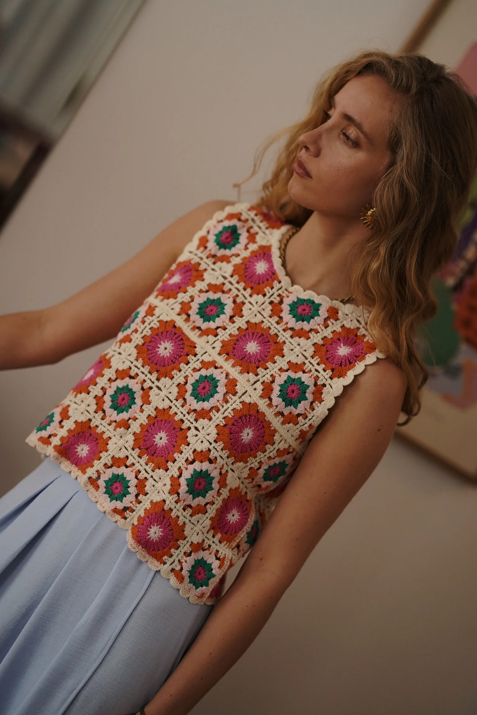 Flower Crochet Top - Orange/White/Blue - Image 4