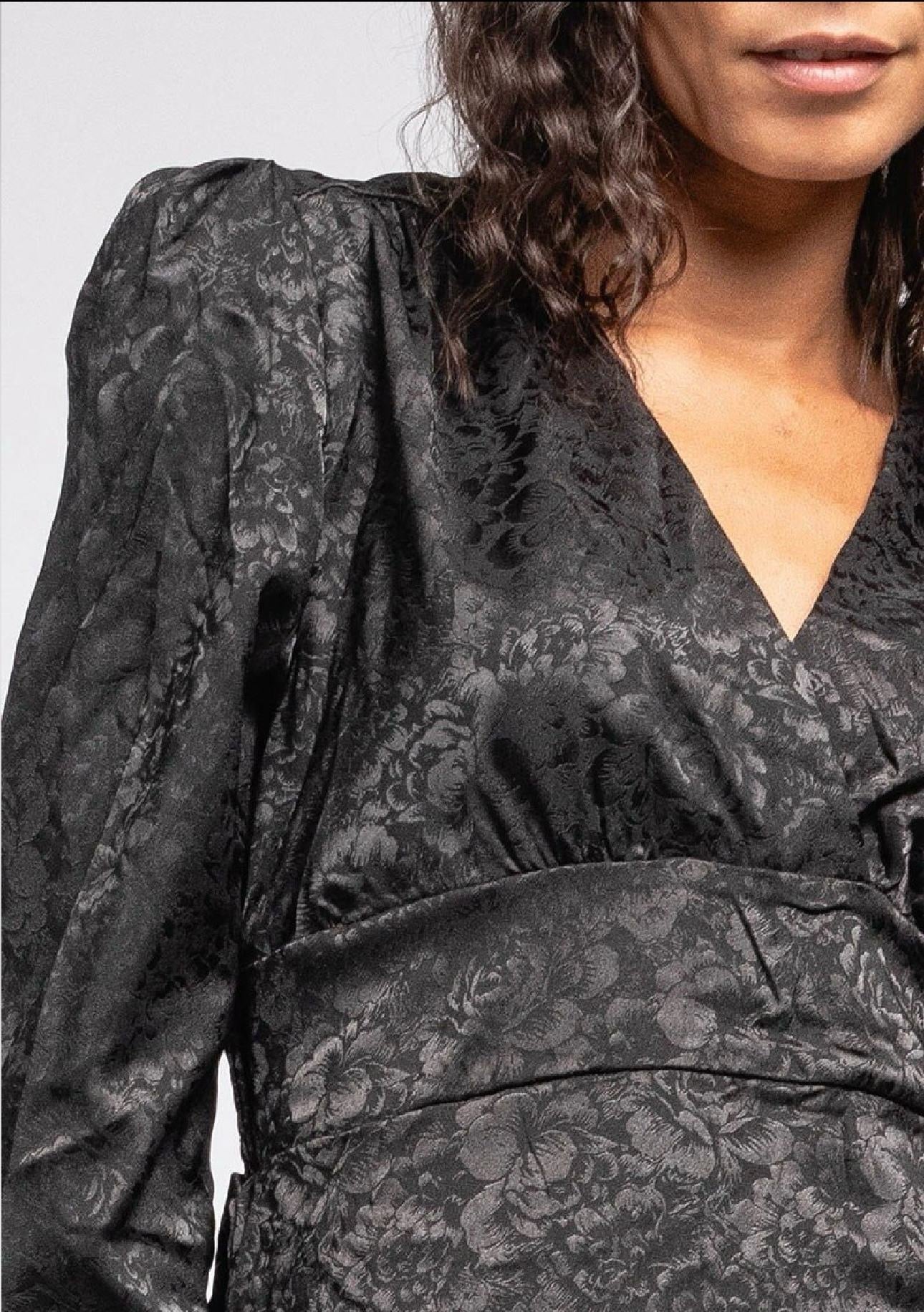 Flower Silk V Dress - Black - Image 3