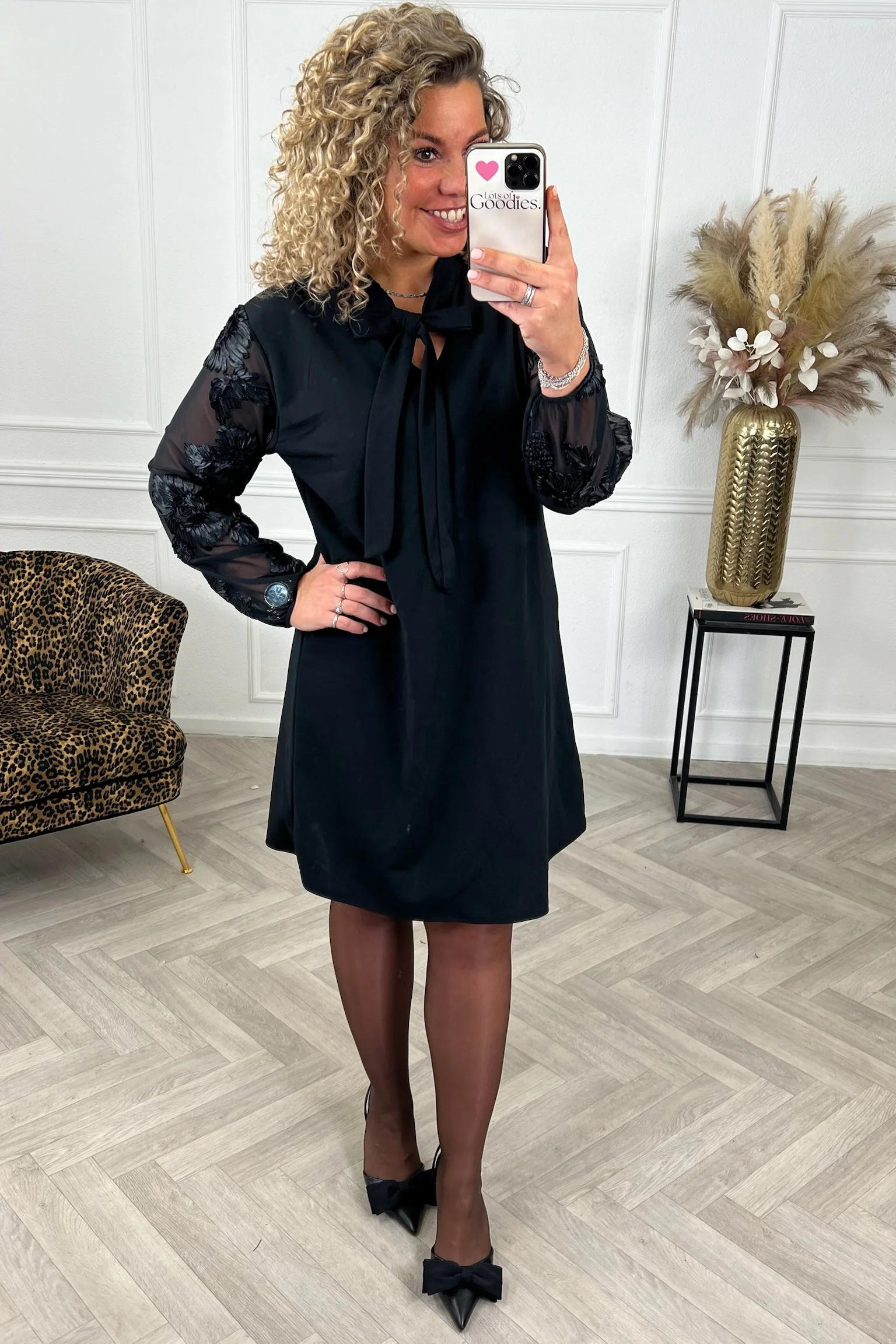 Flower Sleeve Strik Dress - Black/Black - Image 3