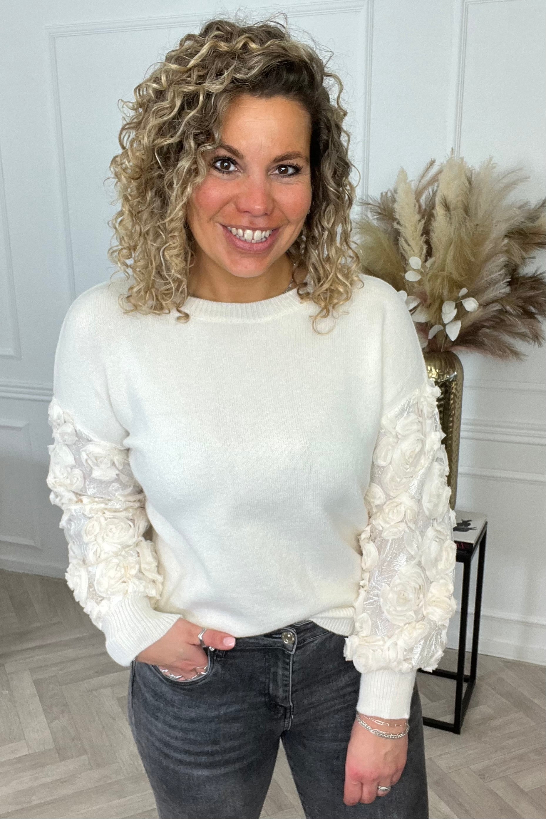 Flower Sleeve Sweater - Ecru - Image 2