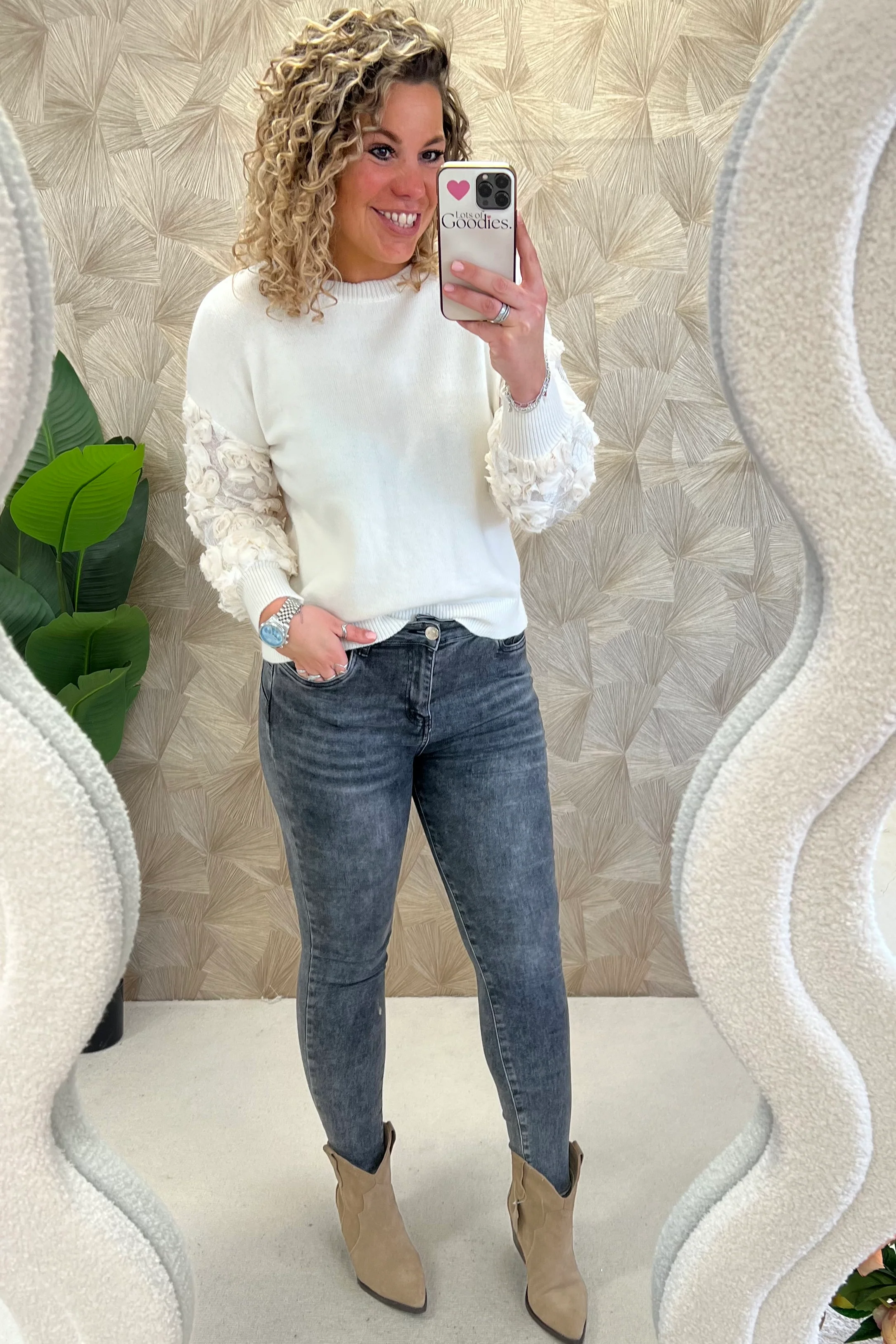 Flower Sleeve Sweater - Ecru - Image 3