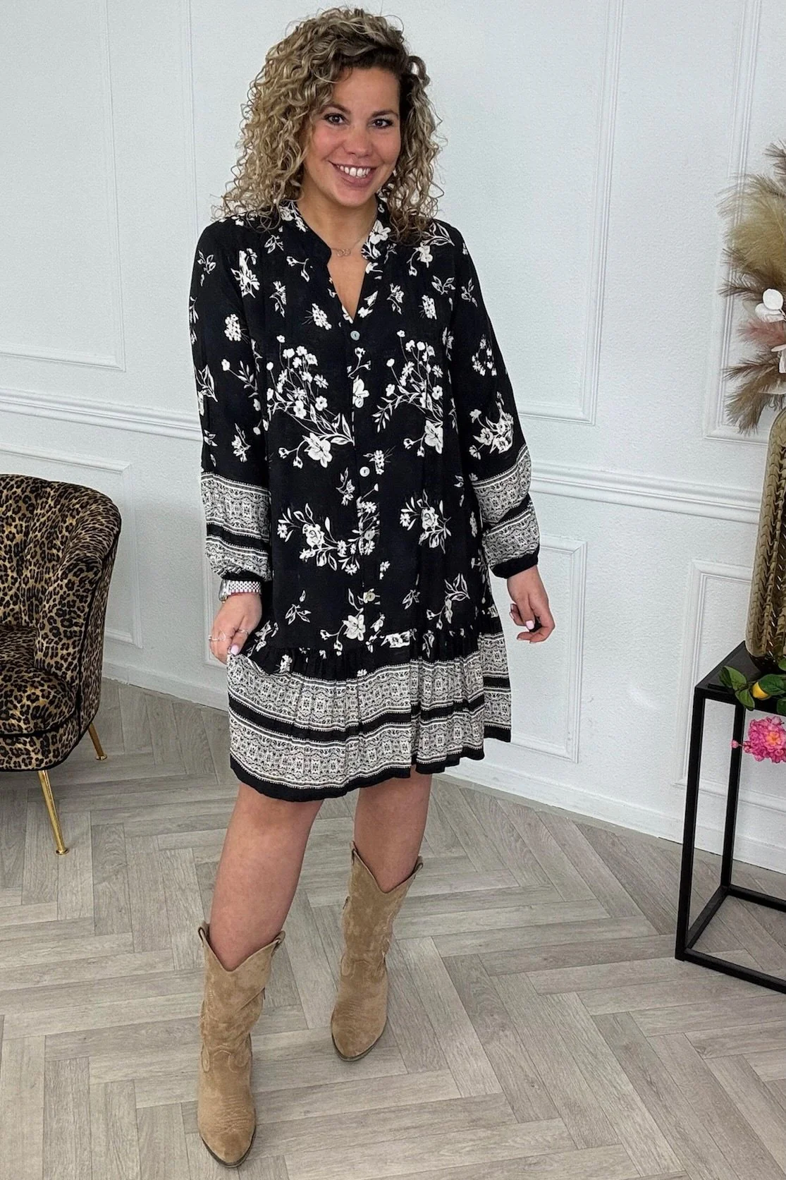 Flower Viscose Dress - Black/Beige