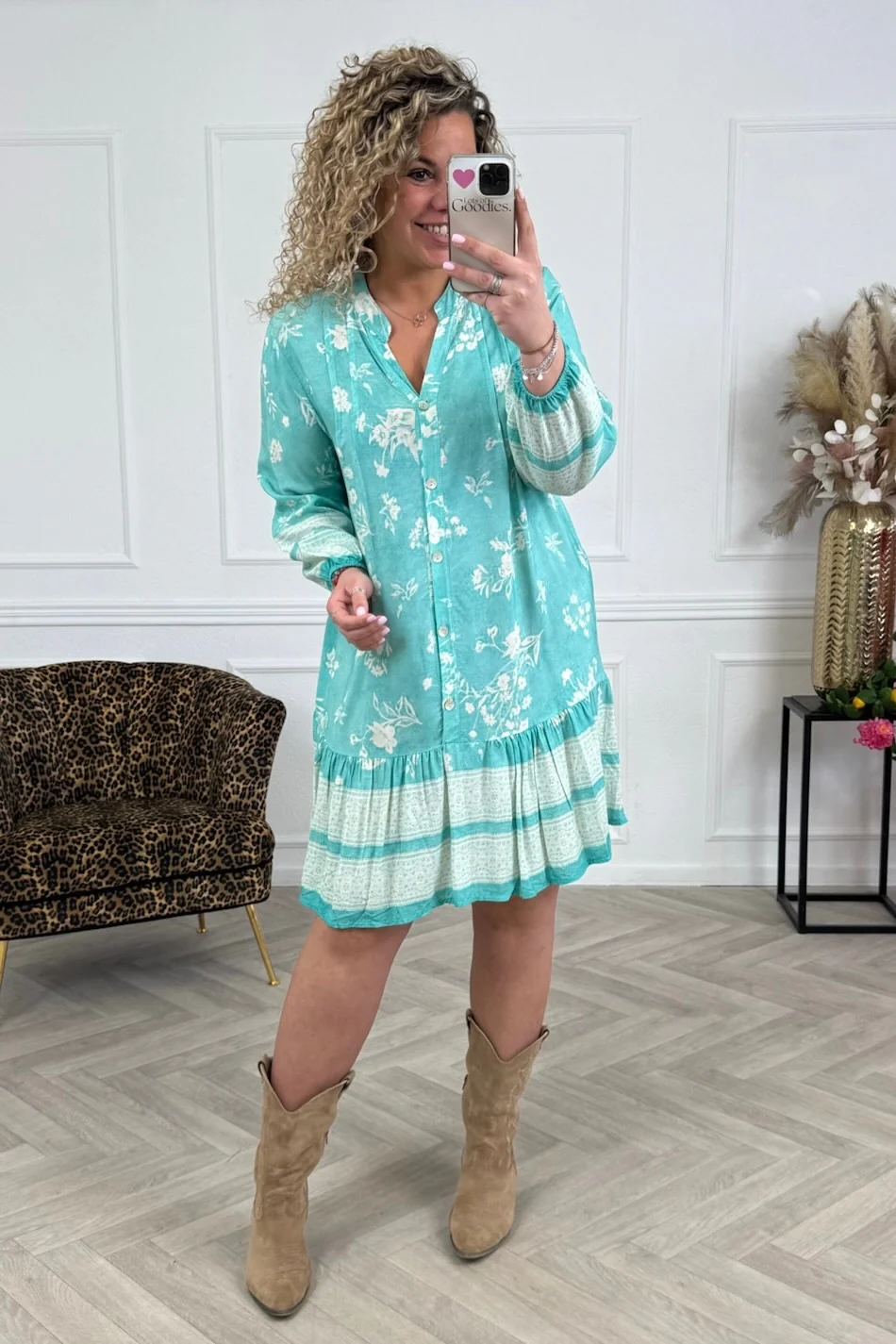 Flower Viscose Dress - Turquoise/White