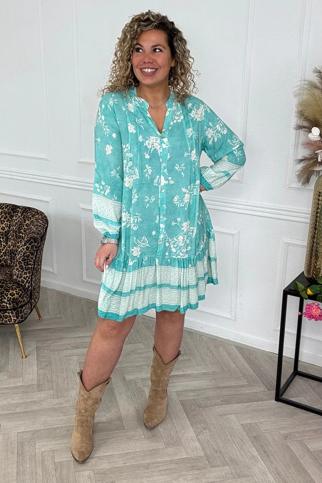 Flower Viscose Dress - Turquoise/White - Image 2