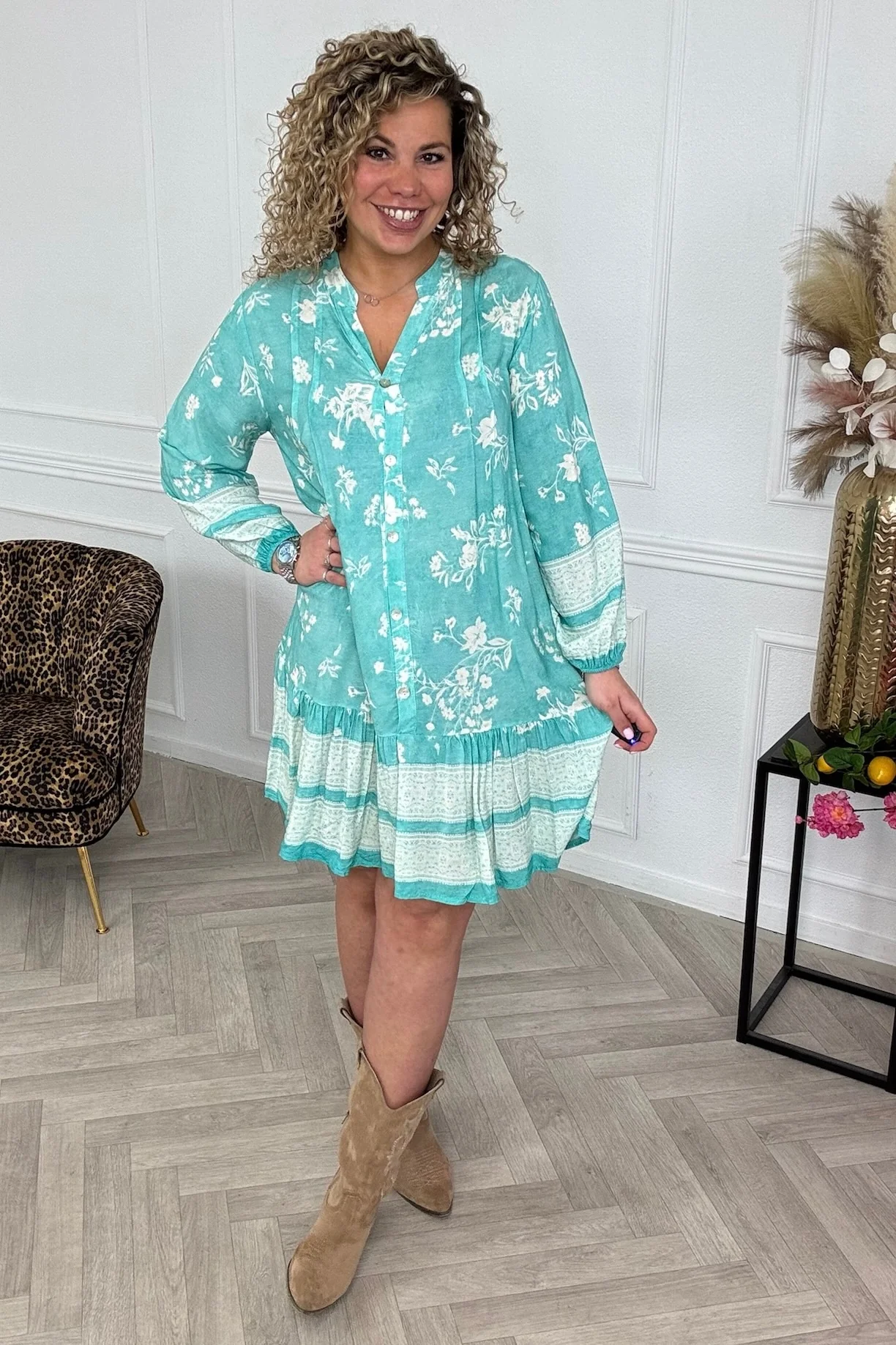 Flower Viscose Dress - Turquoise/White - Image 3