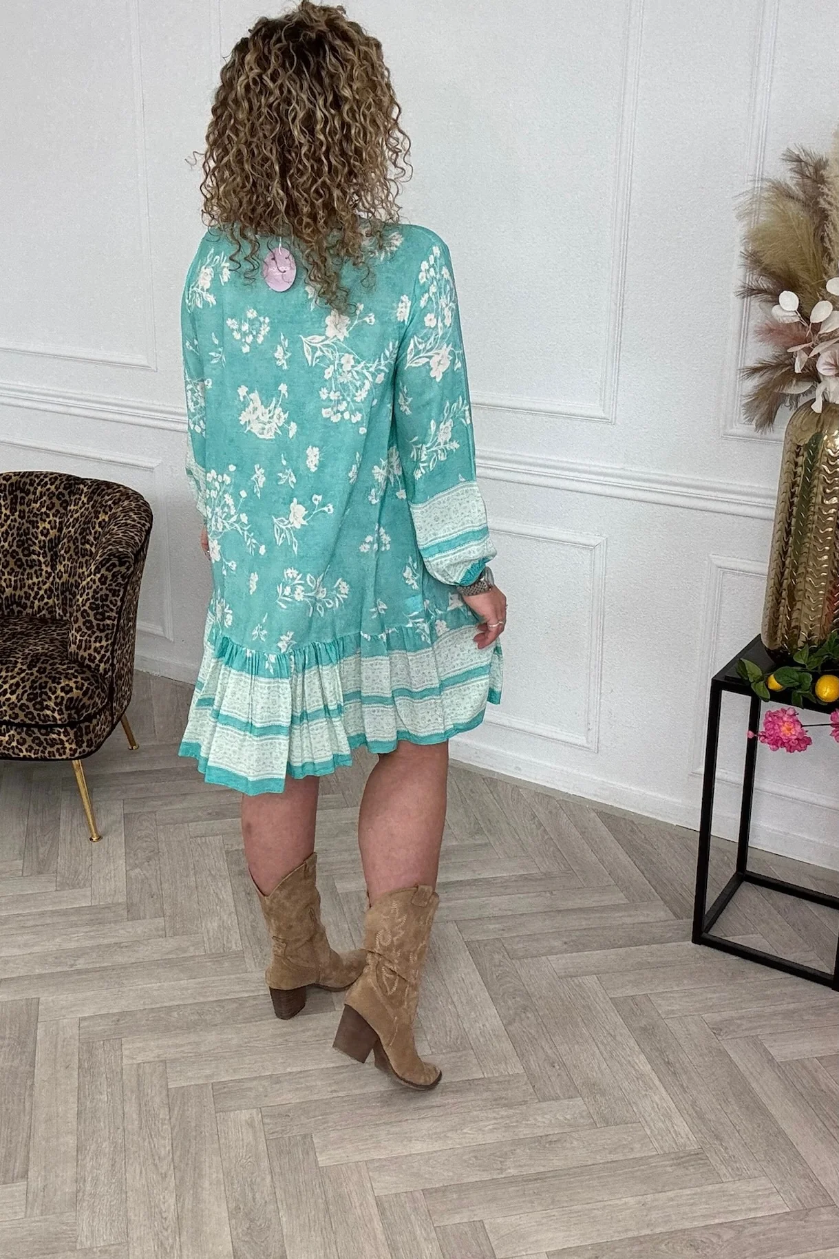 Flower Viscose Dress - Turquoise/White - Image 4