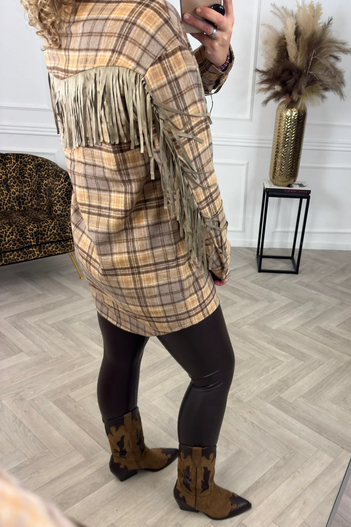 Fringe Plaid Blouse - Beige - Image 2