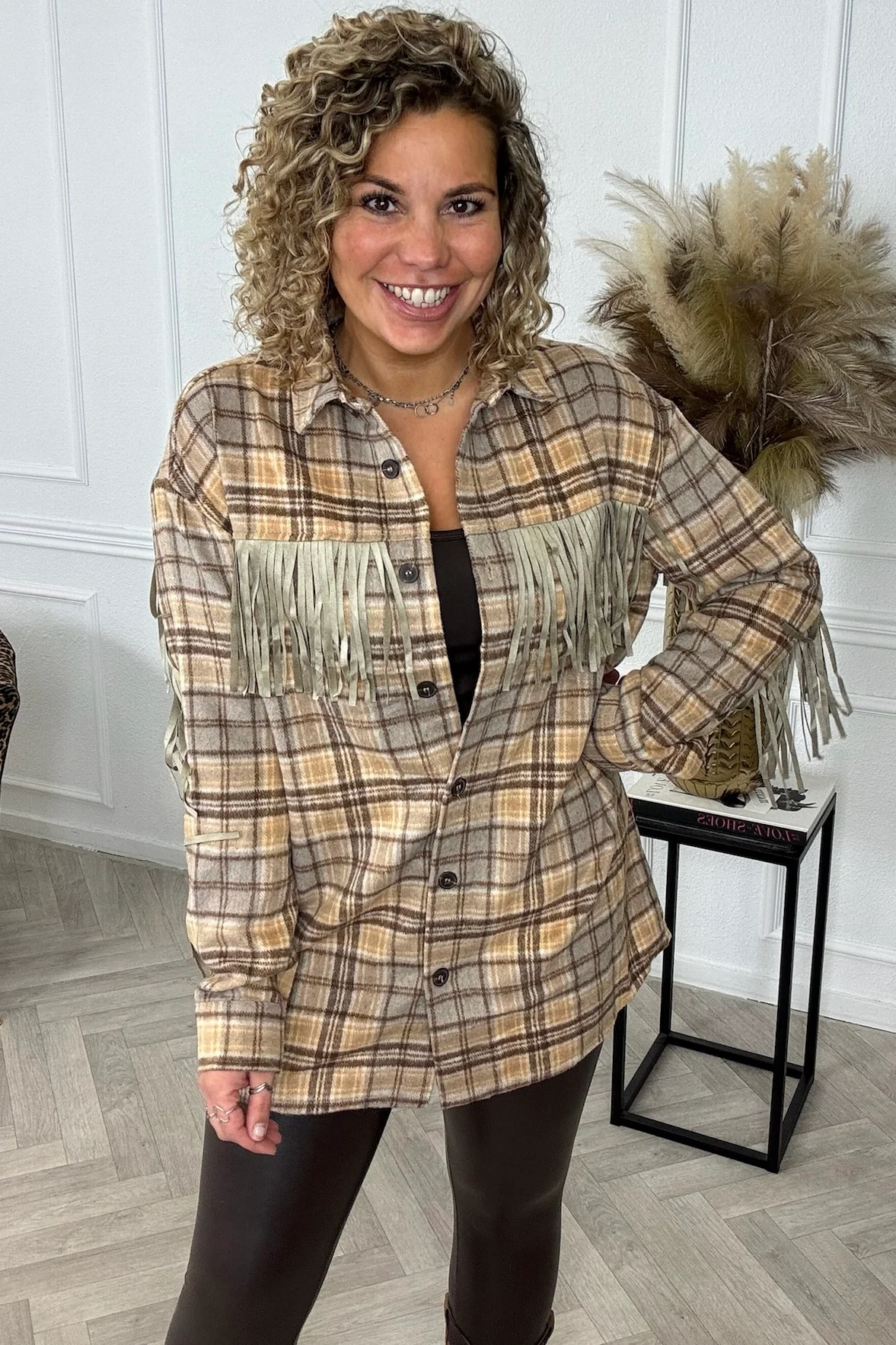 Fringe Plaid Blouse - Beige - Image 3