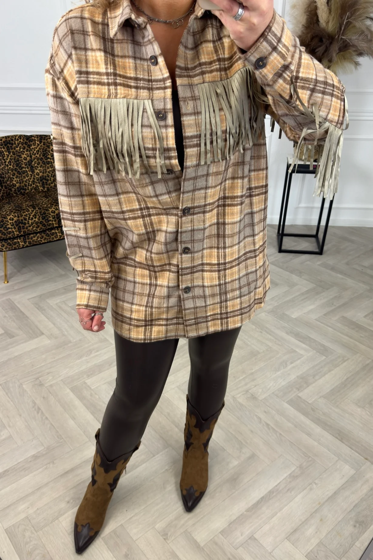 Fringe Plaid Blouse - Beige - Image 4