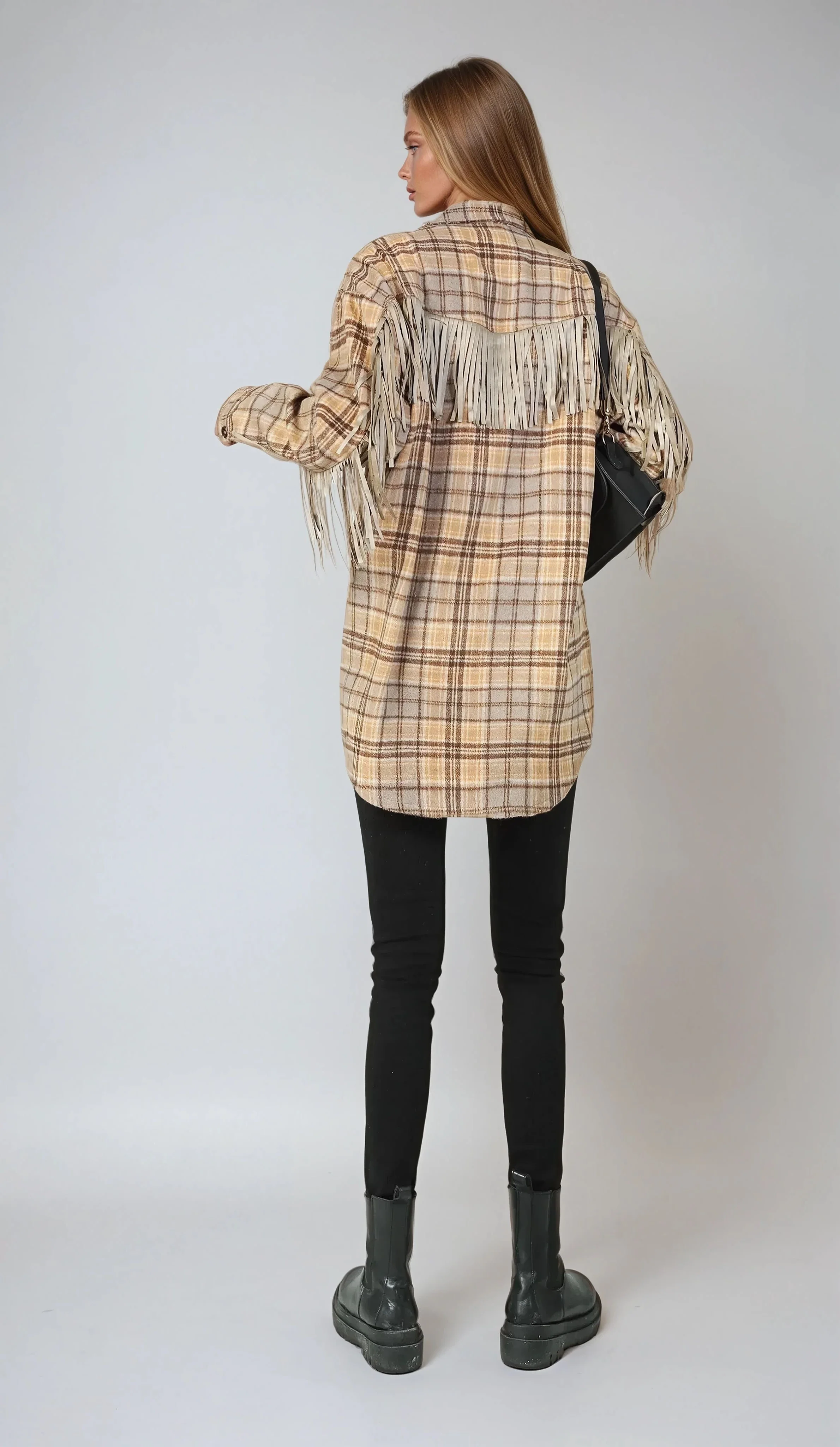 Fringe Plaid Blouse - Beige - Image 7