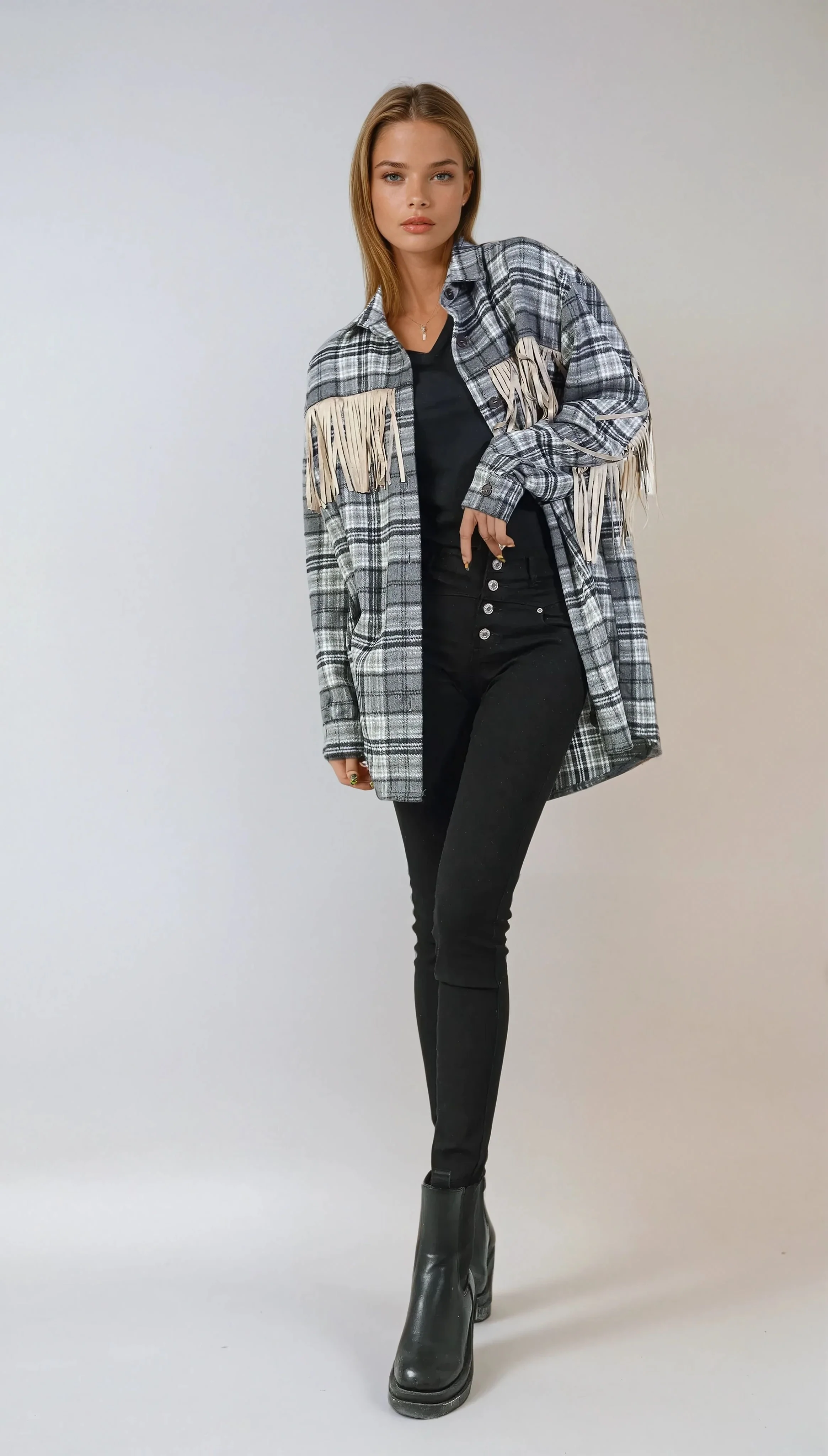Fringe Plaid Blouse - Black - Image 6