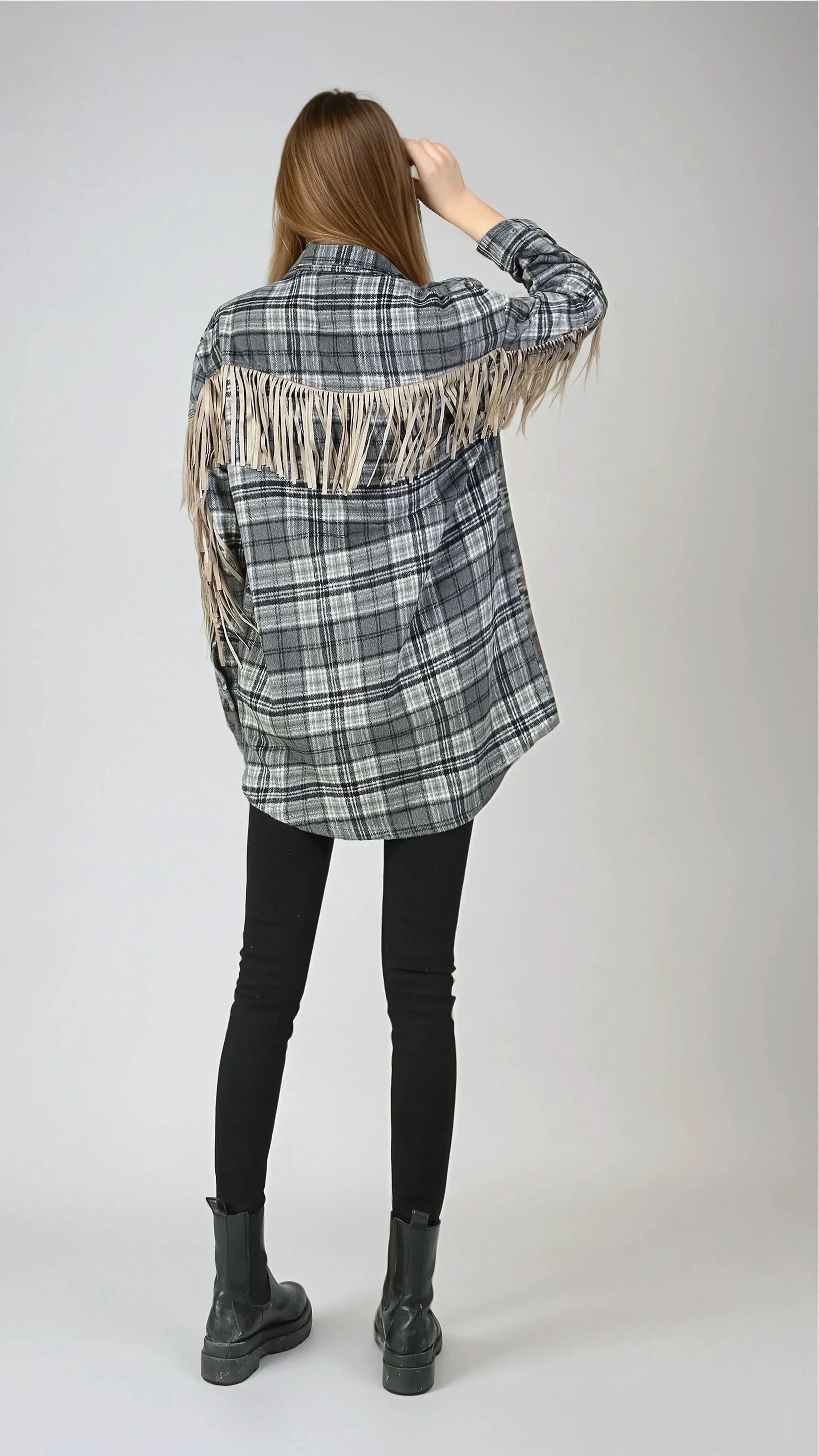 Fringe Plaid Blouse - Black - Image 7