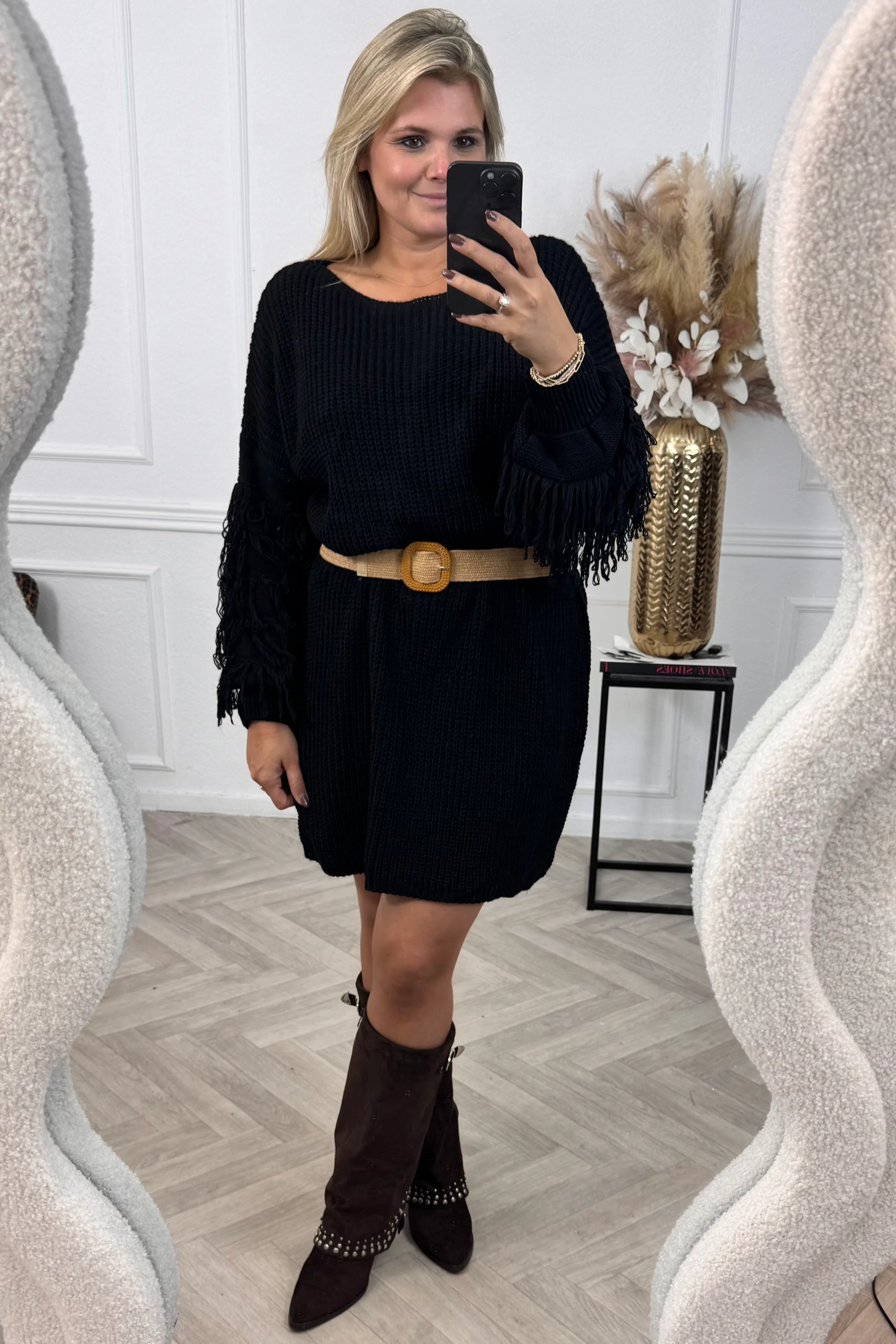 Fringe Sleeve Belt Dress - Black