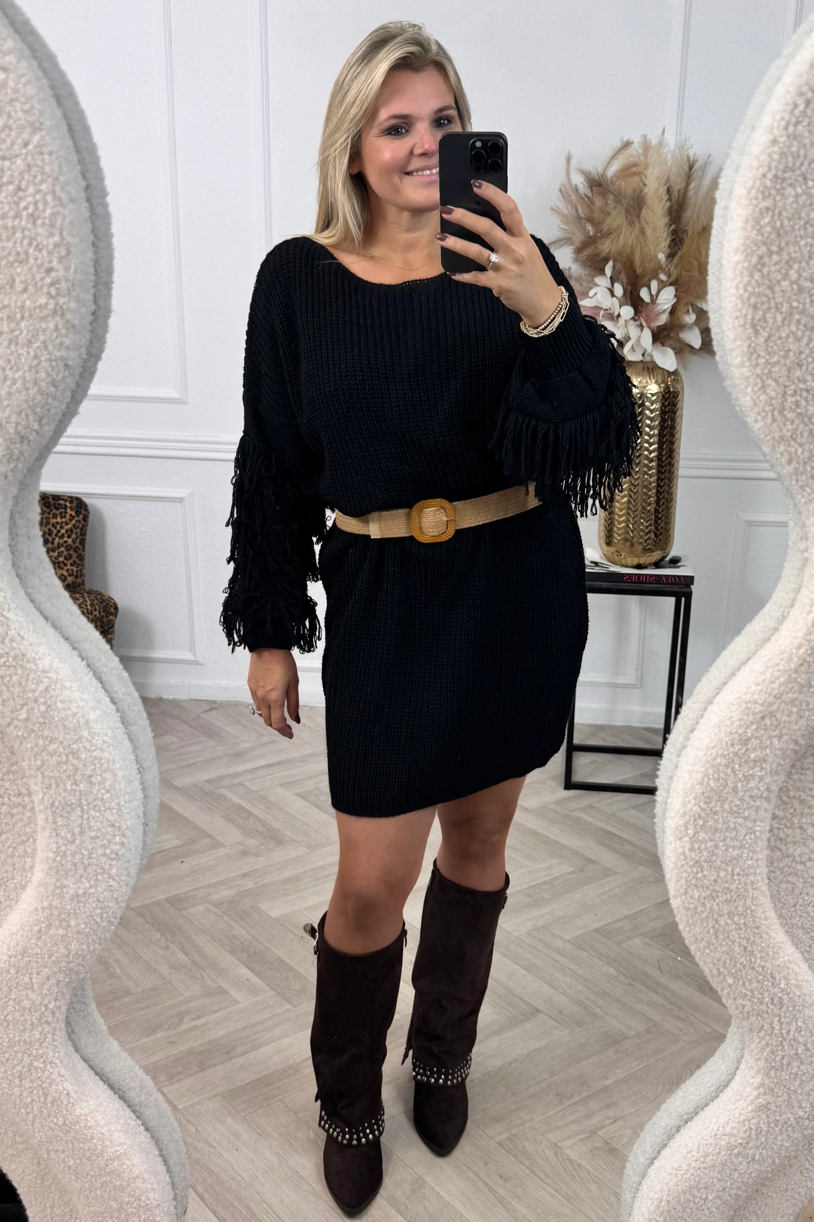 Fringe Sleeve Belt Dress - Black - Image 3