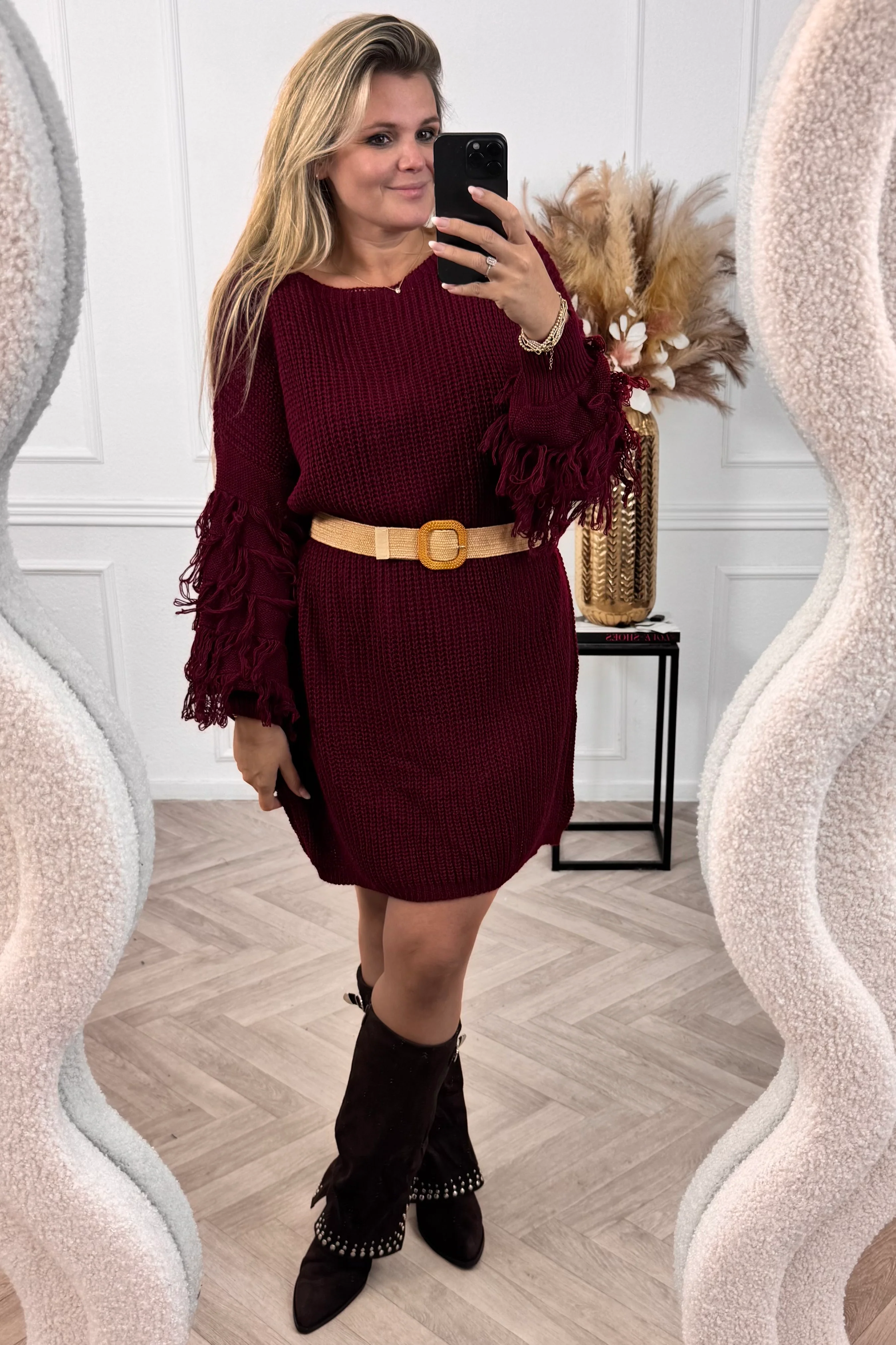 Fringe Sleeve Belt Dress - Bordeaux