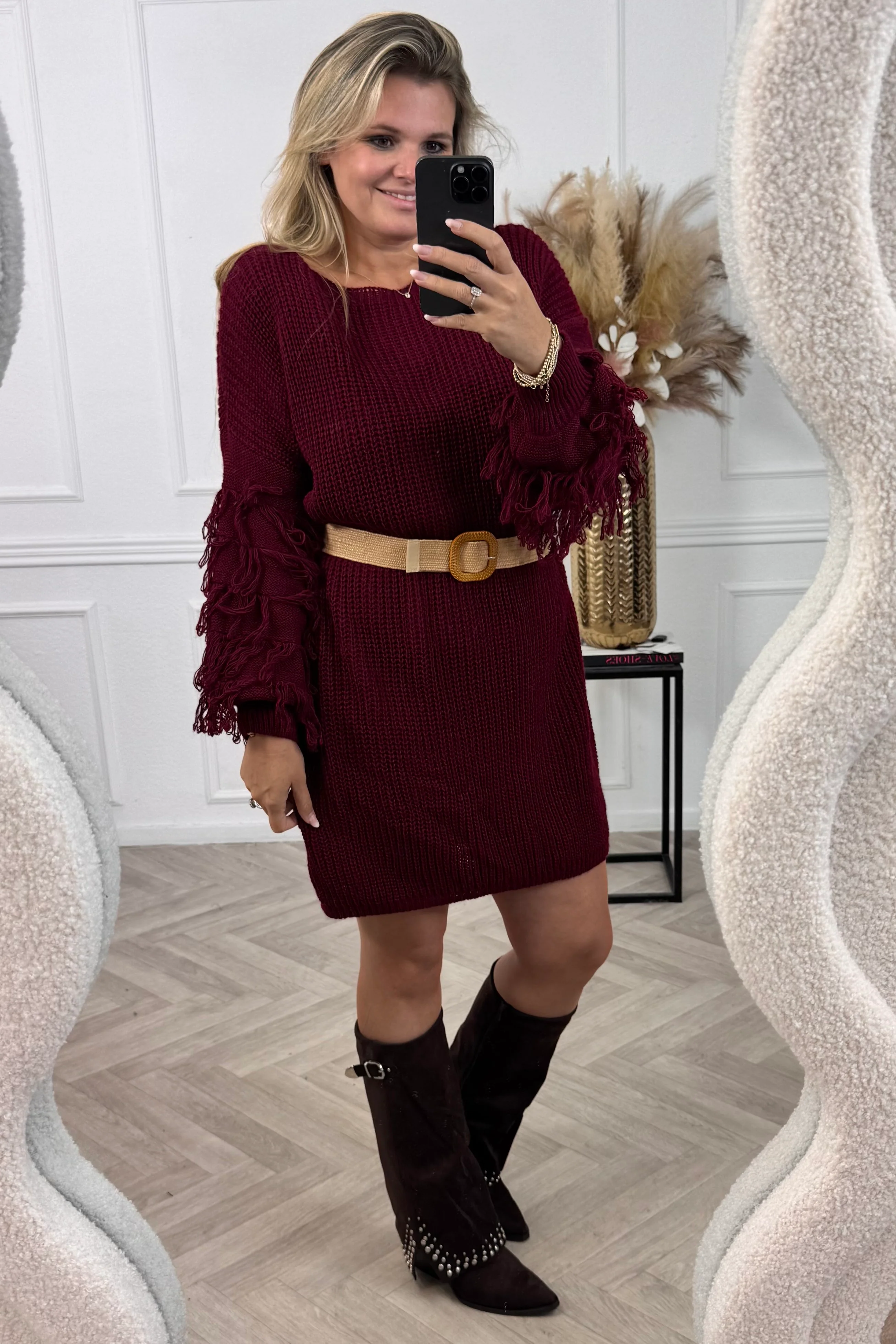 Fringe Sleeve Belt Dress - Bordeaux - Image 2