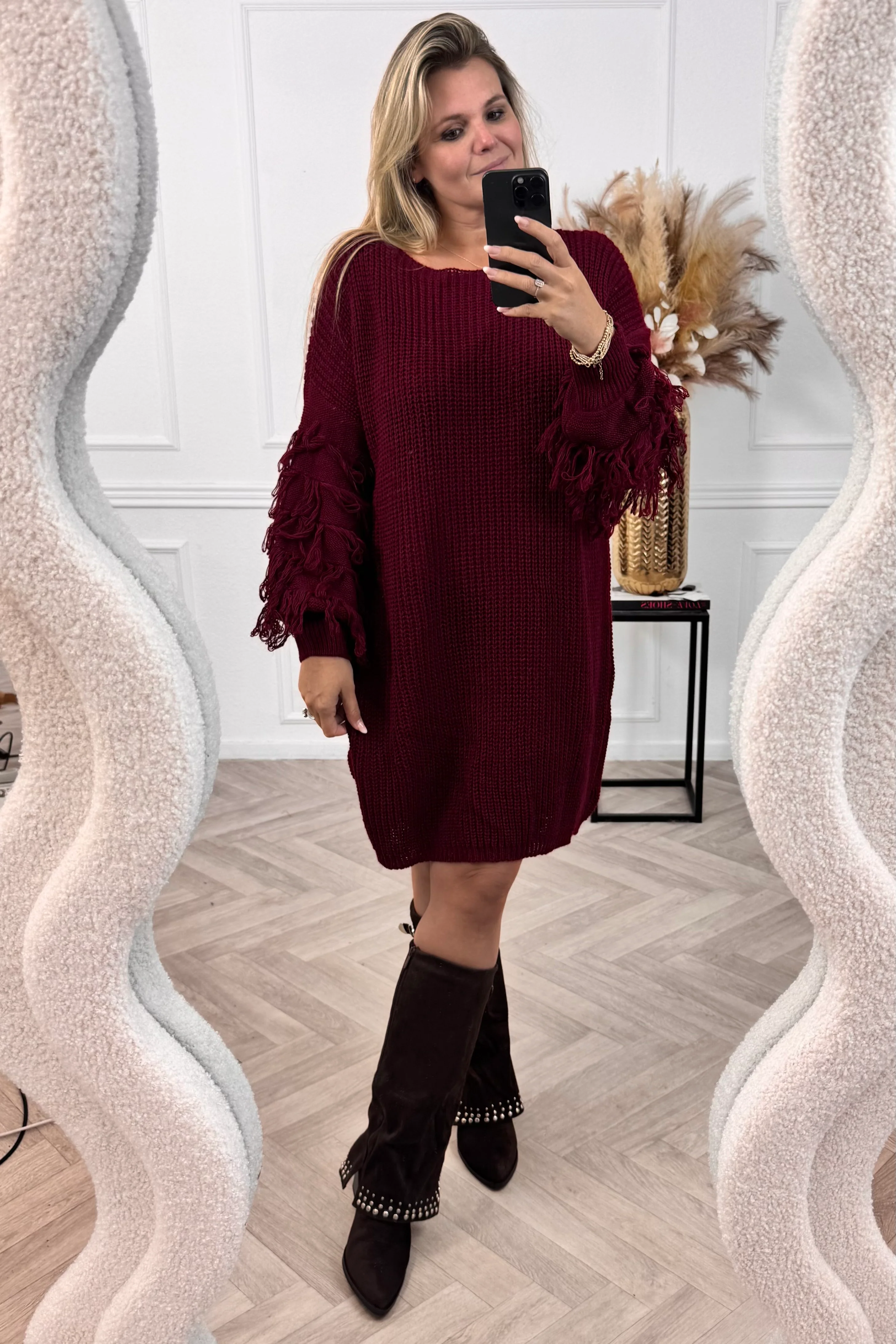 Fringe Sleeve Belt Dress - Bordeaux - Image 3