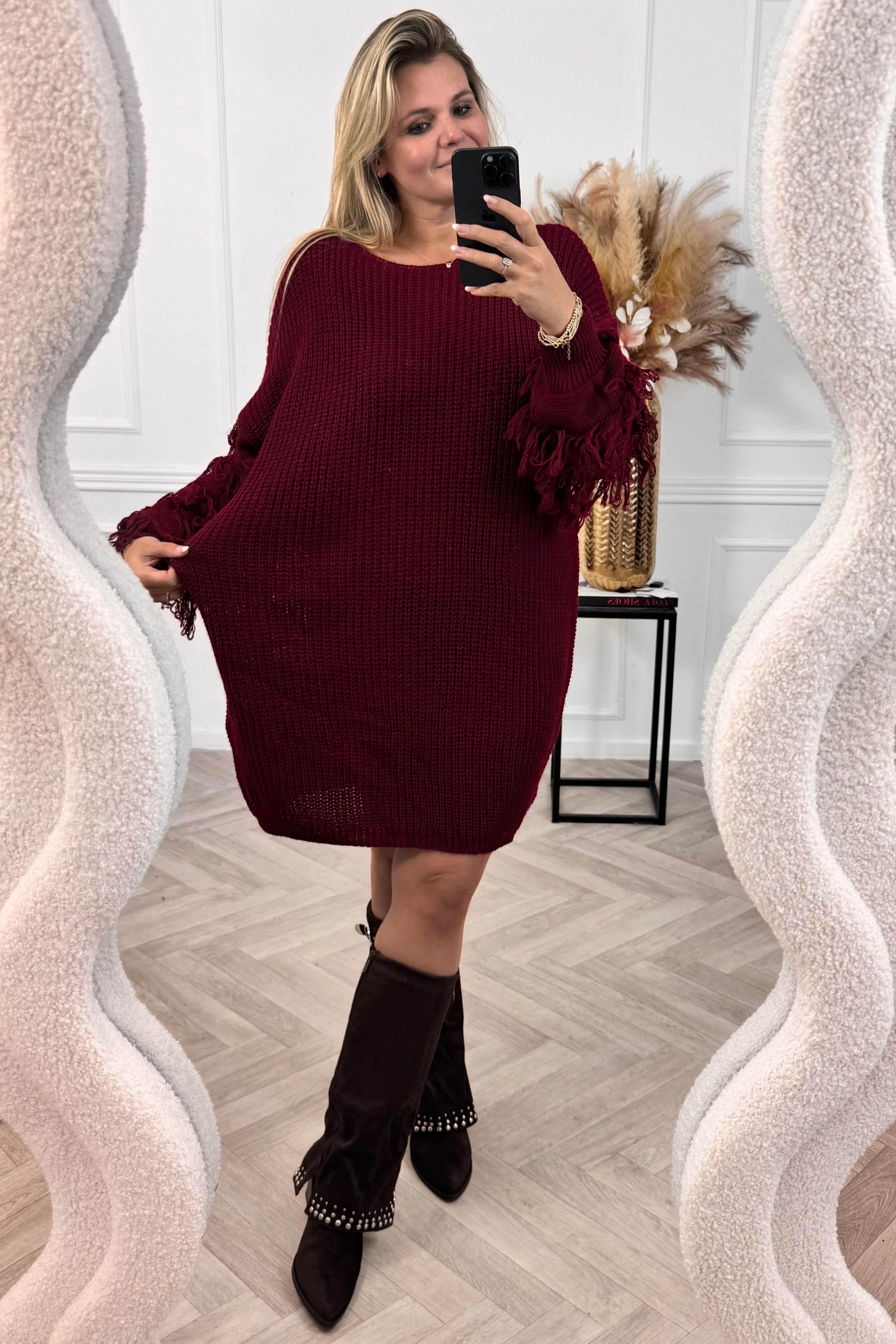 Fringe Sleeve Belt Dress - Bordeaux - Image 4